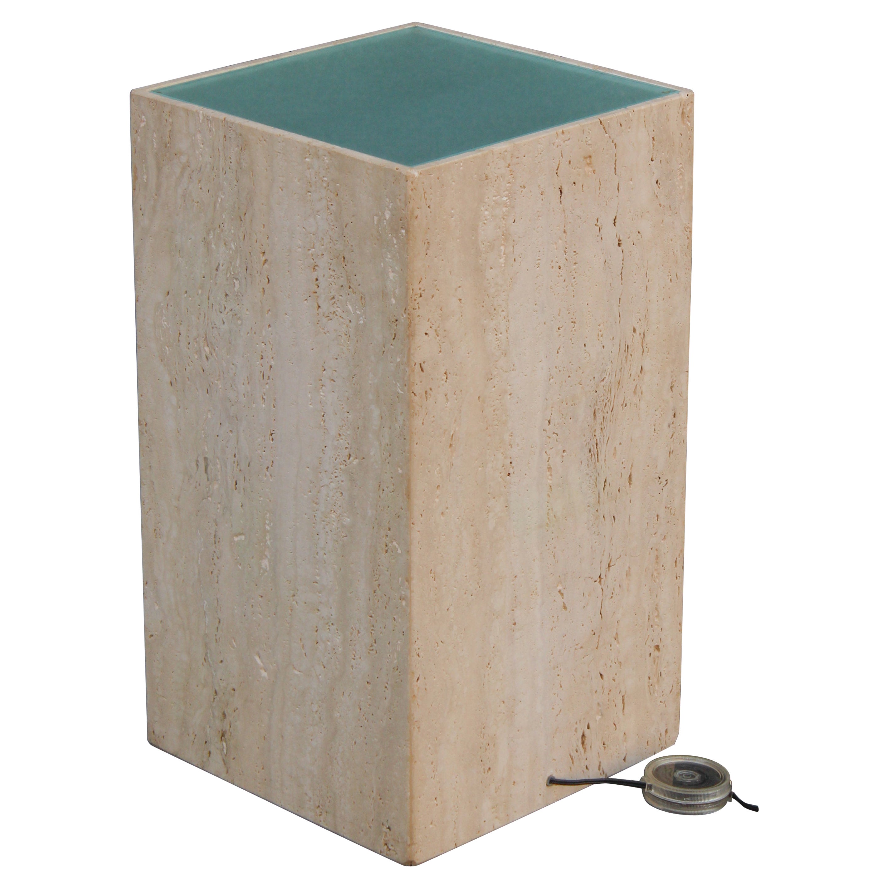 Post-Modern Italian Travertine Marble Frosted Glass Illuminated Pedestal For Sale