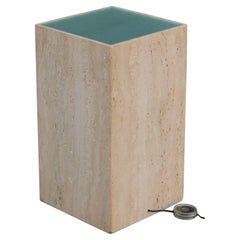 Used Post-Modern Italian Travertine Marble Frosted Glass Illuminated Pedestal