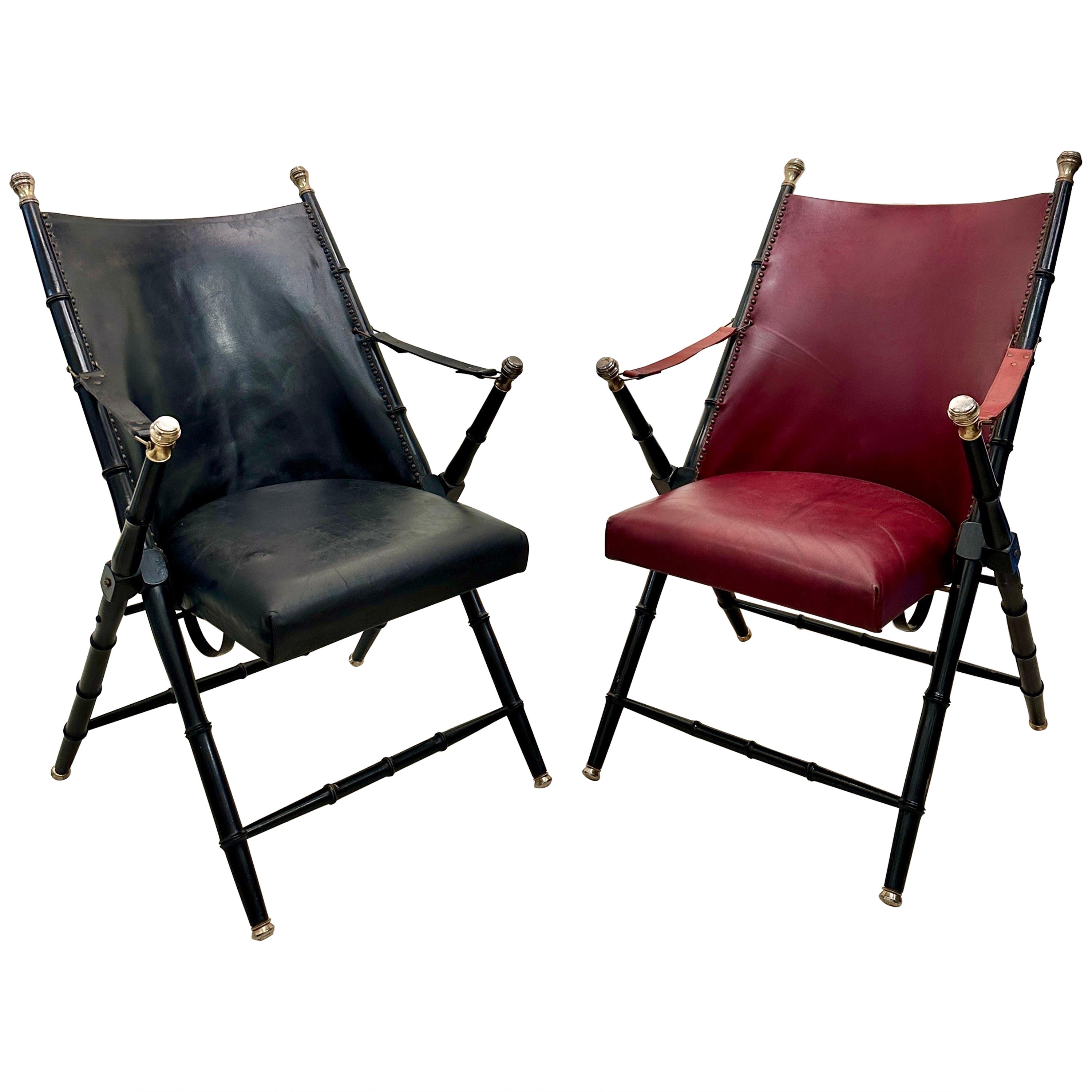 Pair of French Campaign-Style Leather Folding Chairs with Faux-Bamboo Frames For Sale