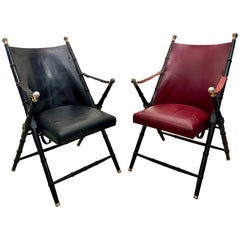 Used Pair of French Campaign-Style Leather Folding Chairs with Faux-Bamboo Frames