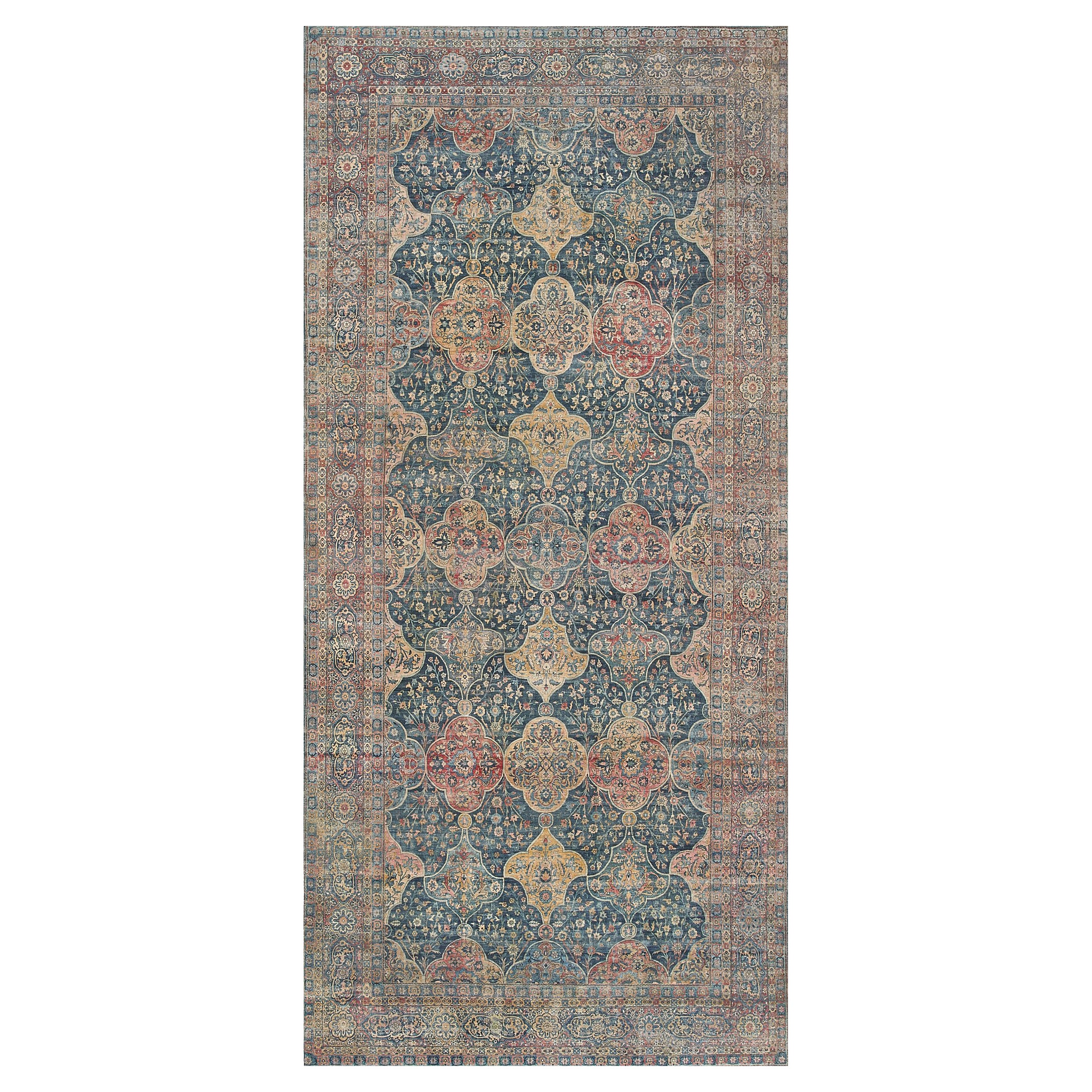 Hand-woven Antique Floral Persian Kirman Rug 11'x23' For Sale