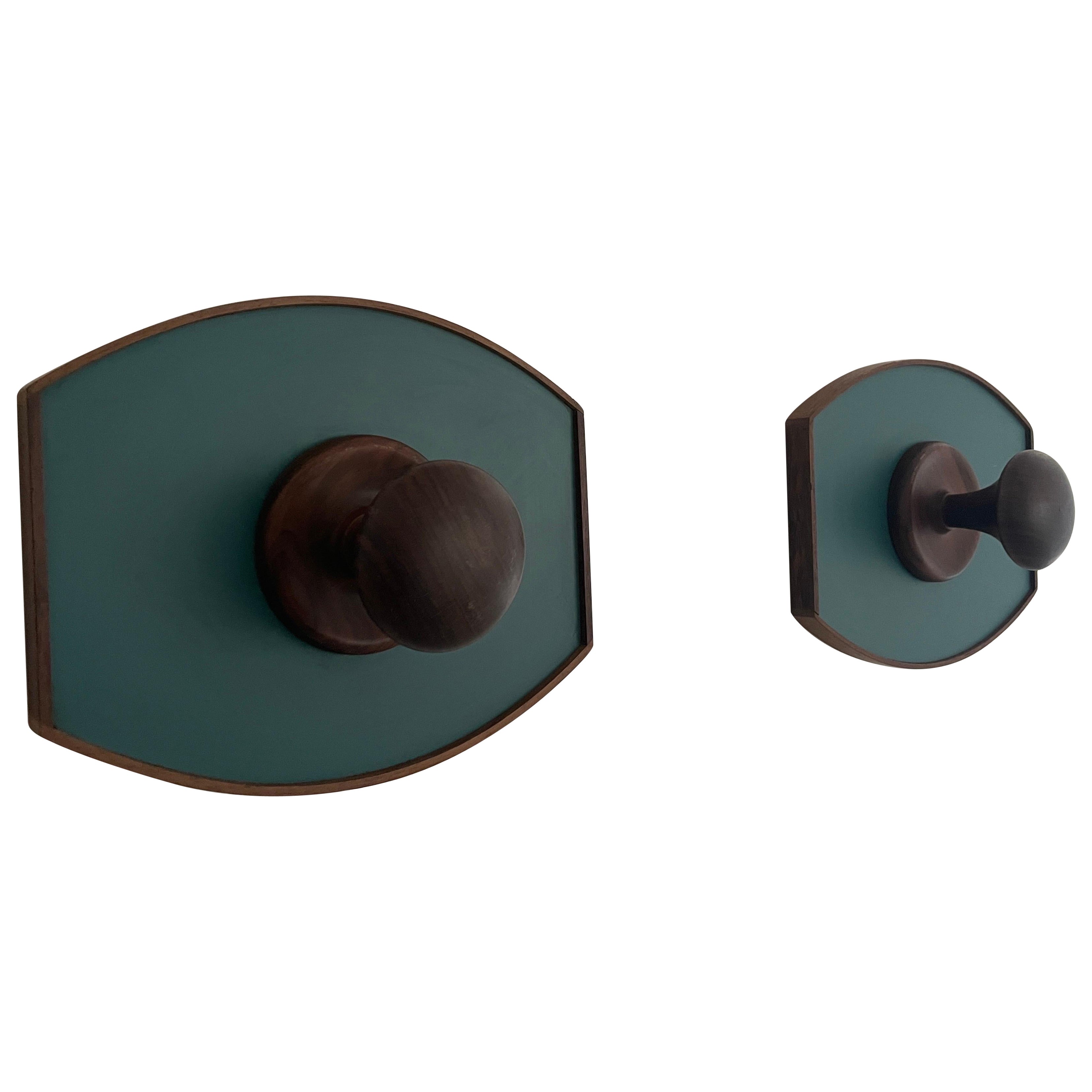 Mid Century Modern Teak Green Design Pair of Clothes Hooks, 1960s, Italy For Sale