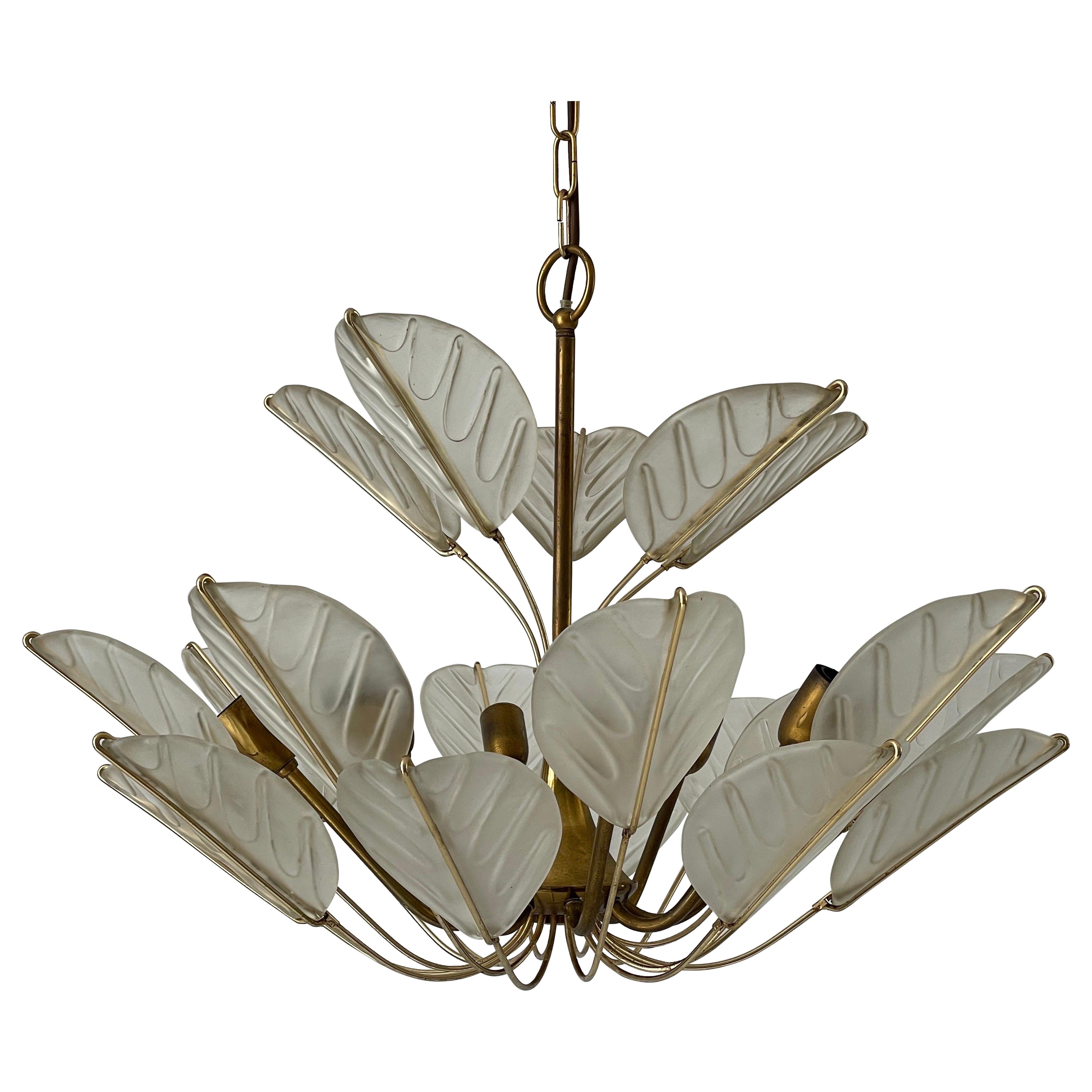 Luxurious 8-armed Brass Chandelier with Crystal Glass Leaves, 1960s, Germany For Sale