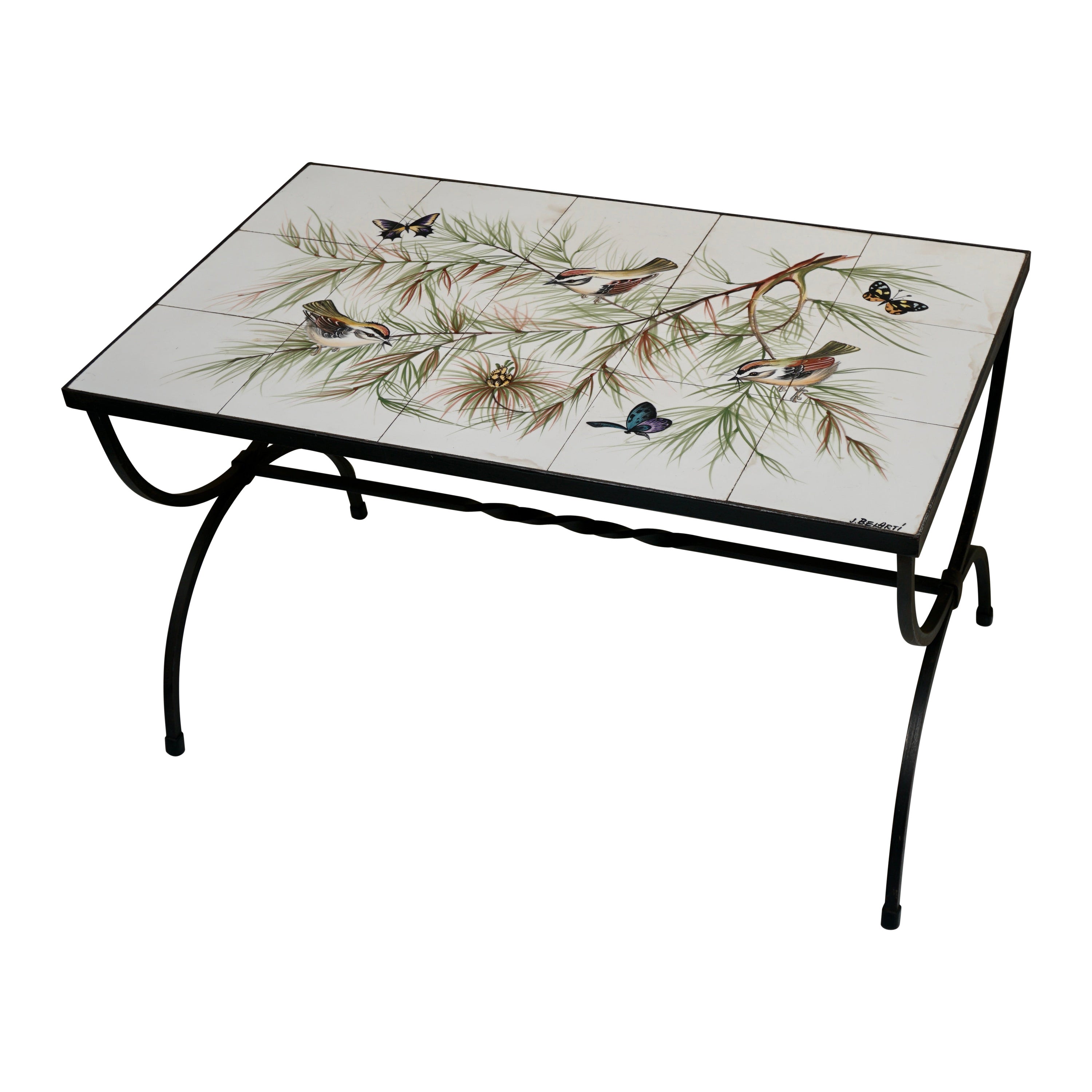 Belarti Ceramic Tile Side Coffee Table with Birds and Butterflies, 1960s For Sale