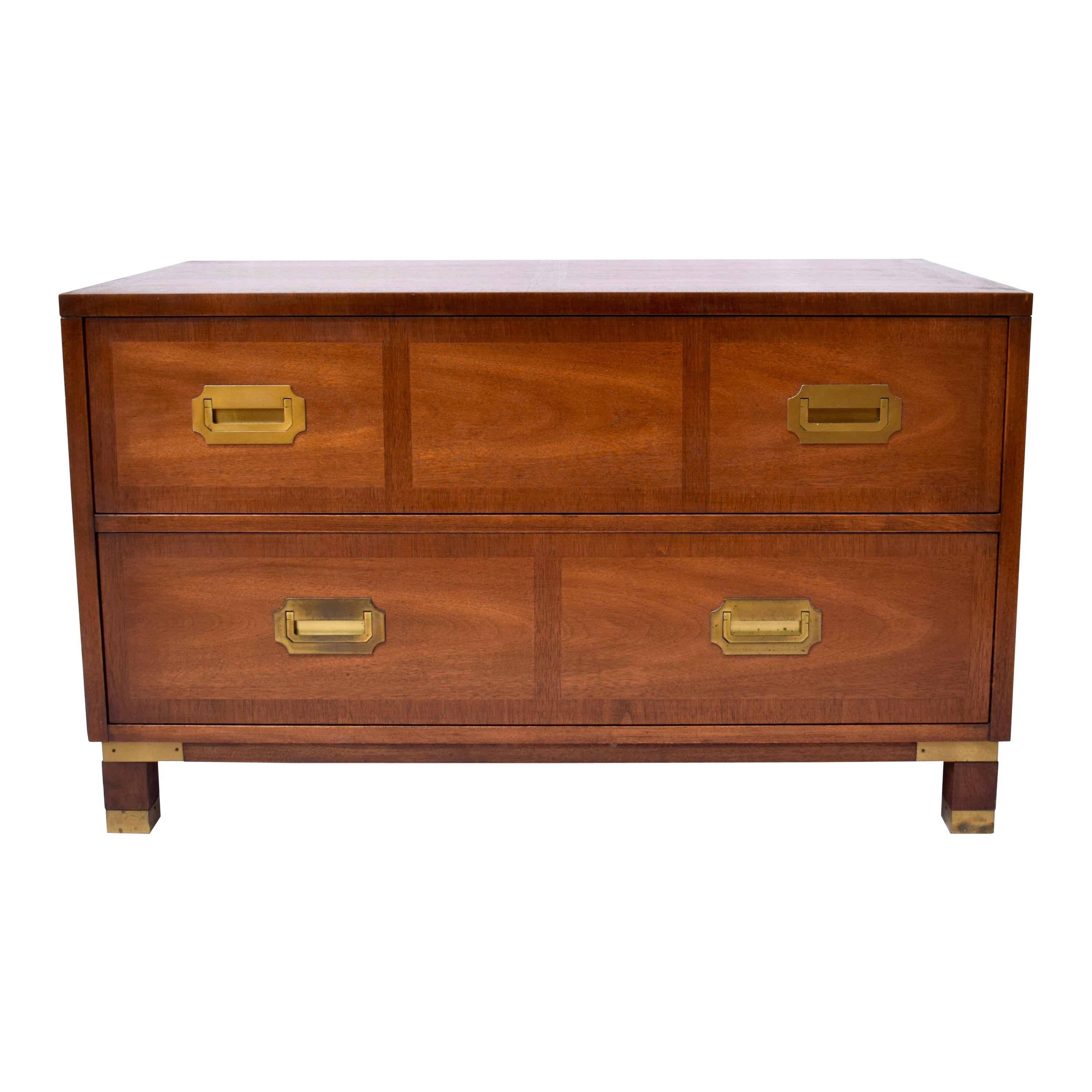 Baker Banded Walnut Brass Campaign Style Chest of Drawers For Sale