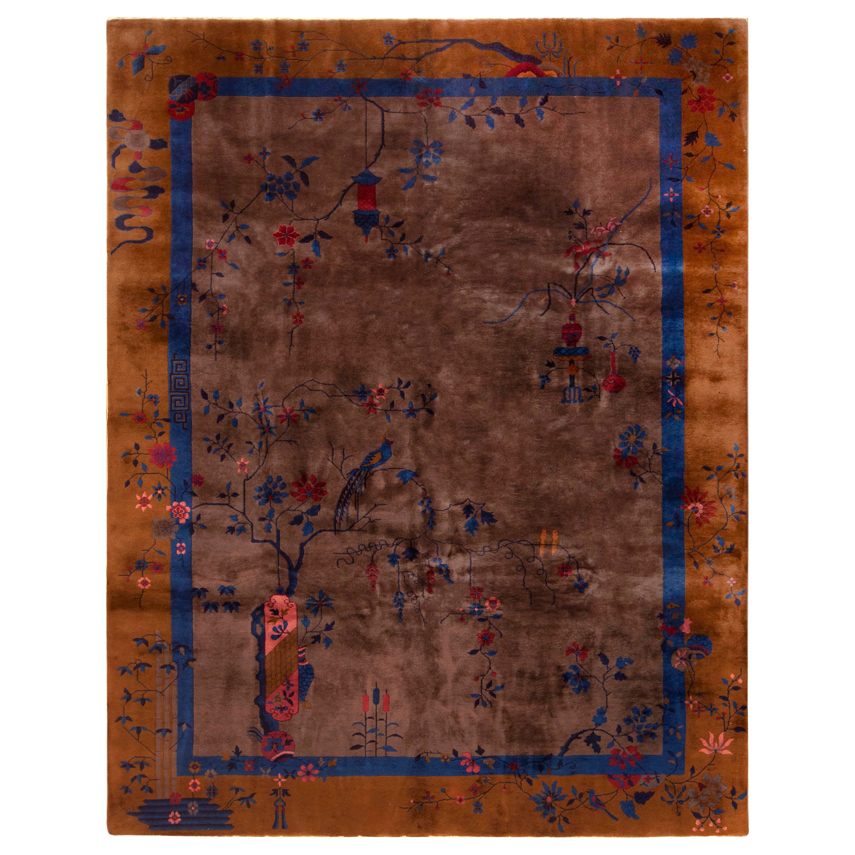 Bold Antique Chinese Art Deco Rug In Brown 8'10" x 11'3" For Sale