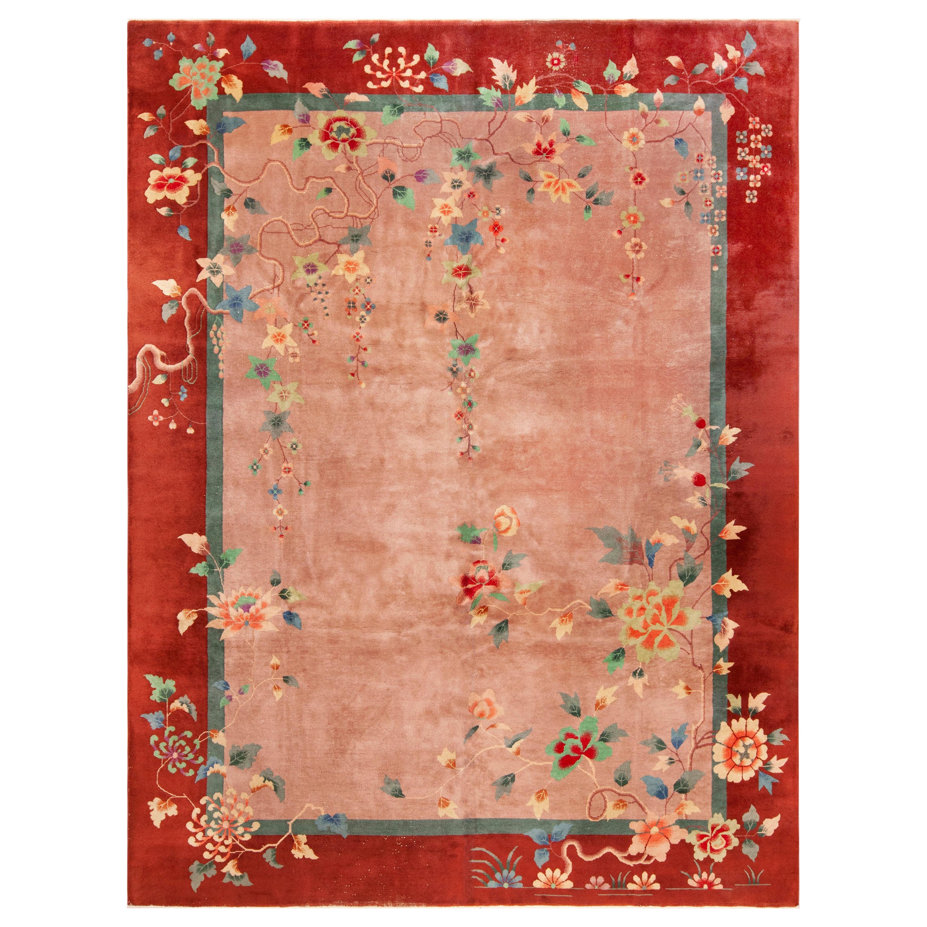 Charming Salmon Pink Antique Chinese Art Deco Rug 8'10" x 11'6" For Sale