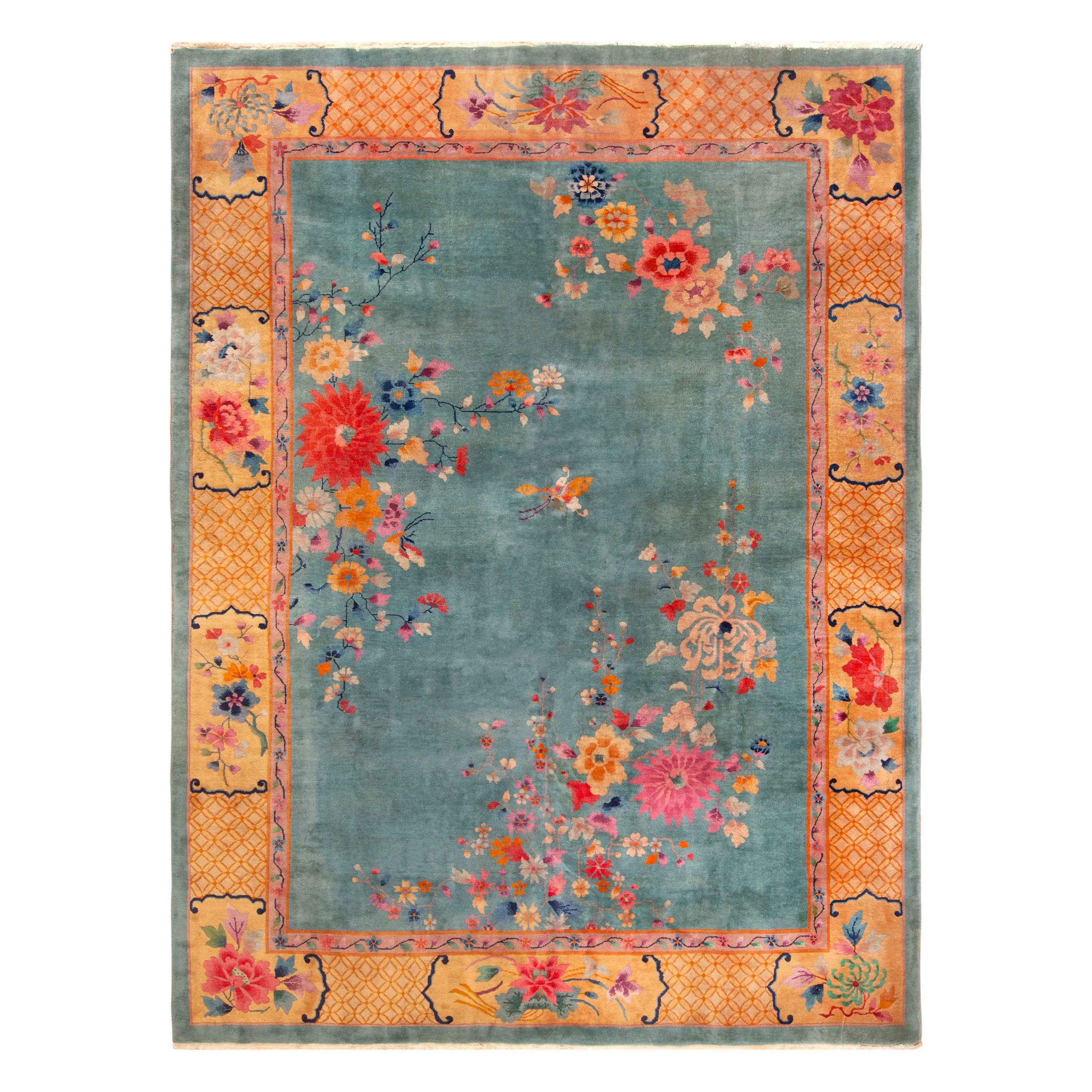 Amazing Antique Chinese Art Deco Floral Area Rug 8'8" x 11'7" For Sale
