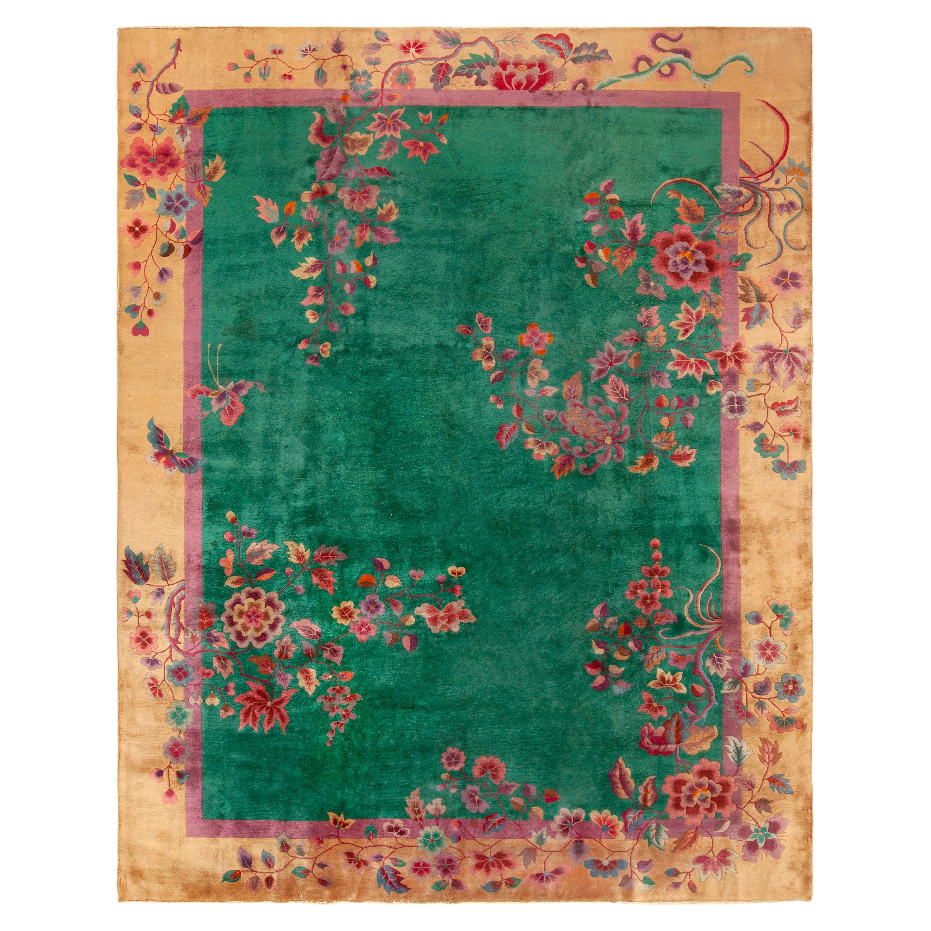 Magnifique tapis Art Déco chinois ancien à motifs floraux 9' x 11'6"