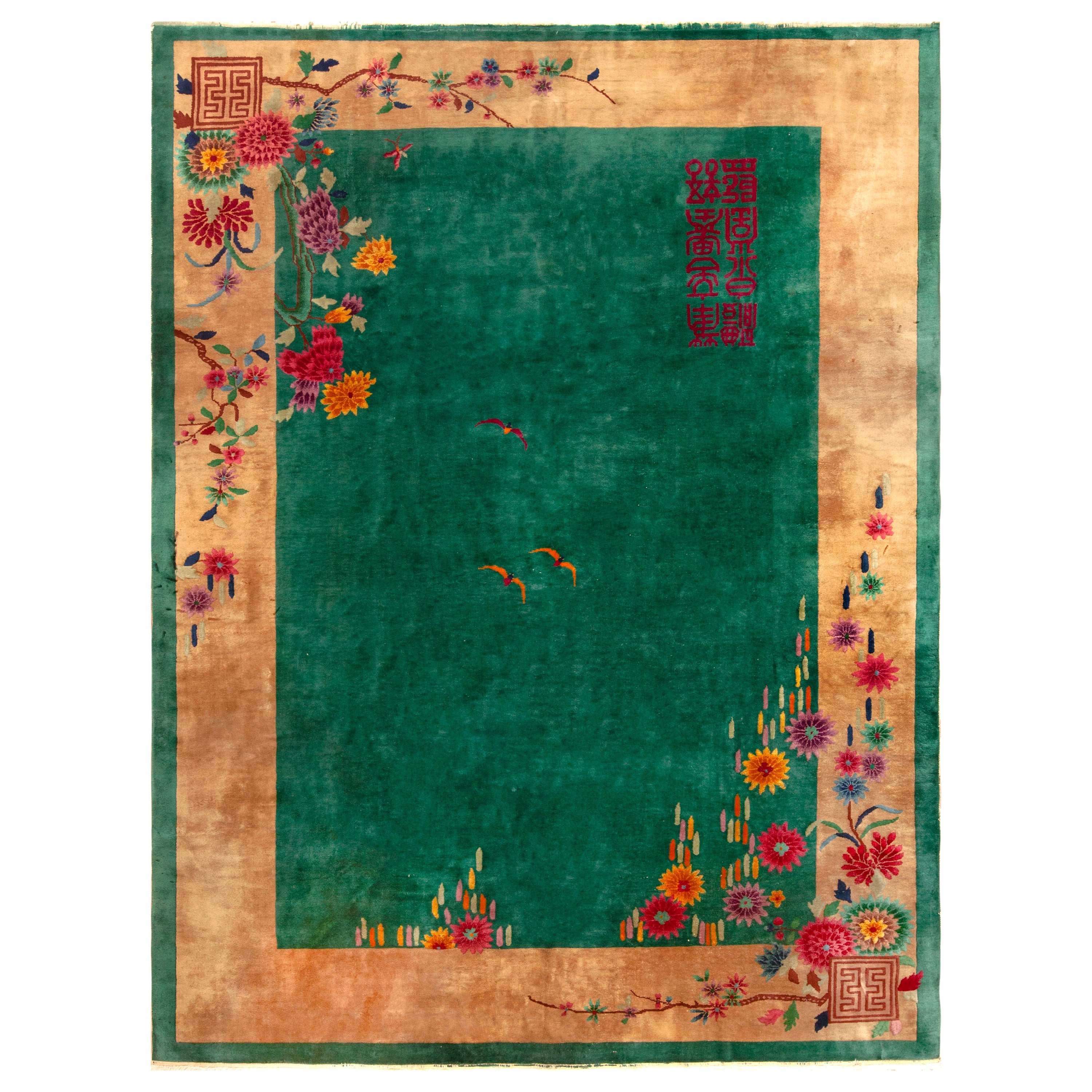 Wunderschöner antiker chinesischer Art-Déco-Teppich in Grün 9' x 11'7"