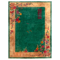 Wunderschöner antiker chinesischer Art-Déco-Teppich in Grün 9' x 11'7"