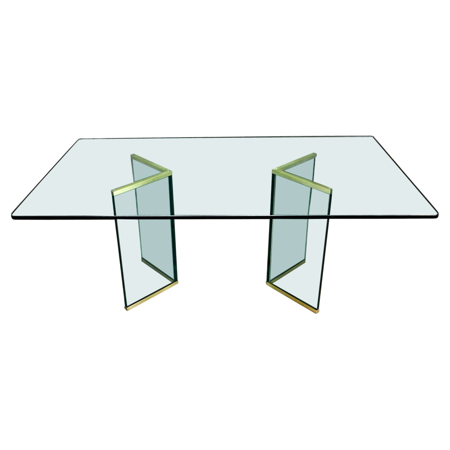 Moderner Esstisch aus Glas und Messing mit doppeltem Sockel, Pace Collection zugeschrieben