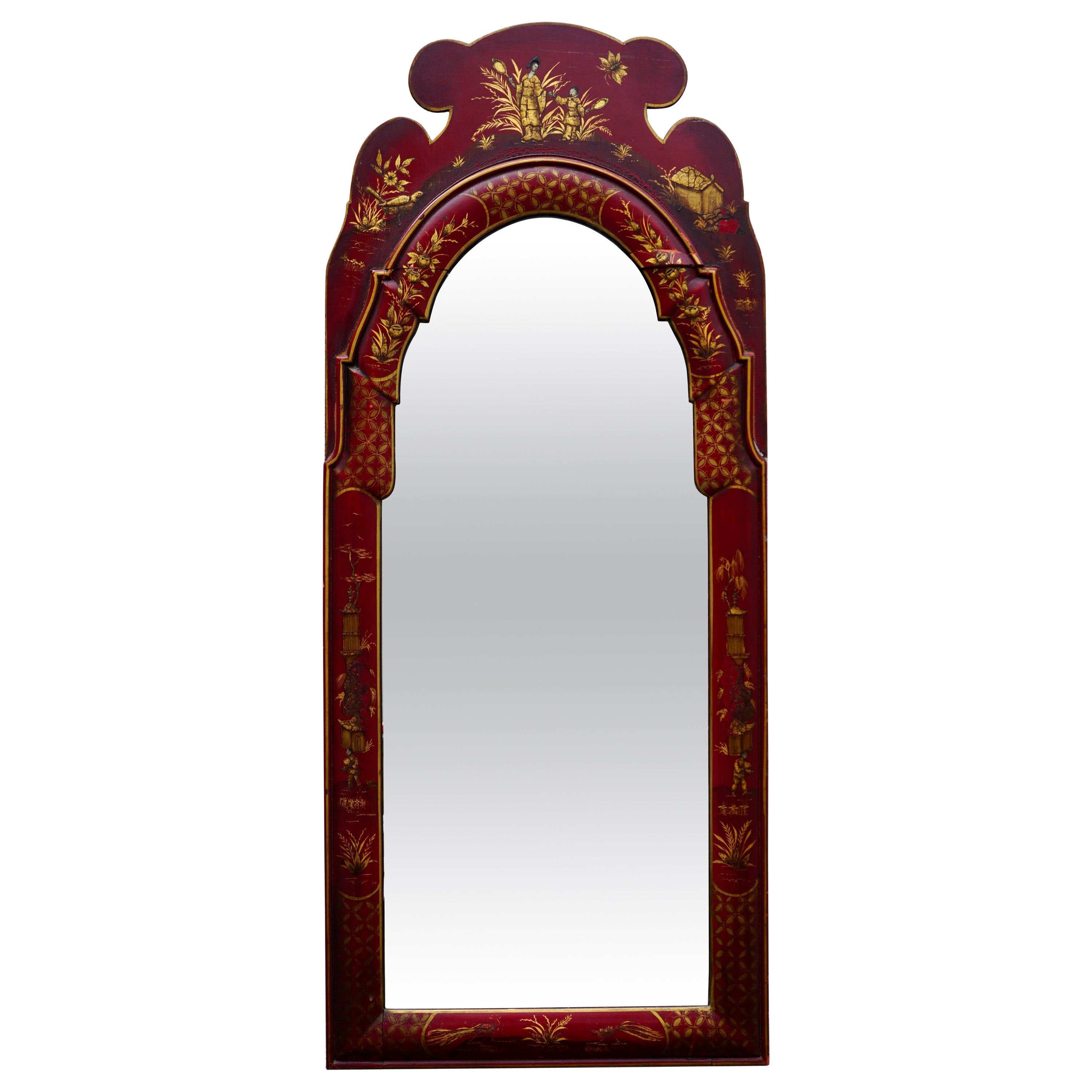 20th Century Hand Painted Chinese Red Chinoiserie Mirror For Sale