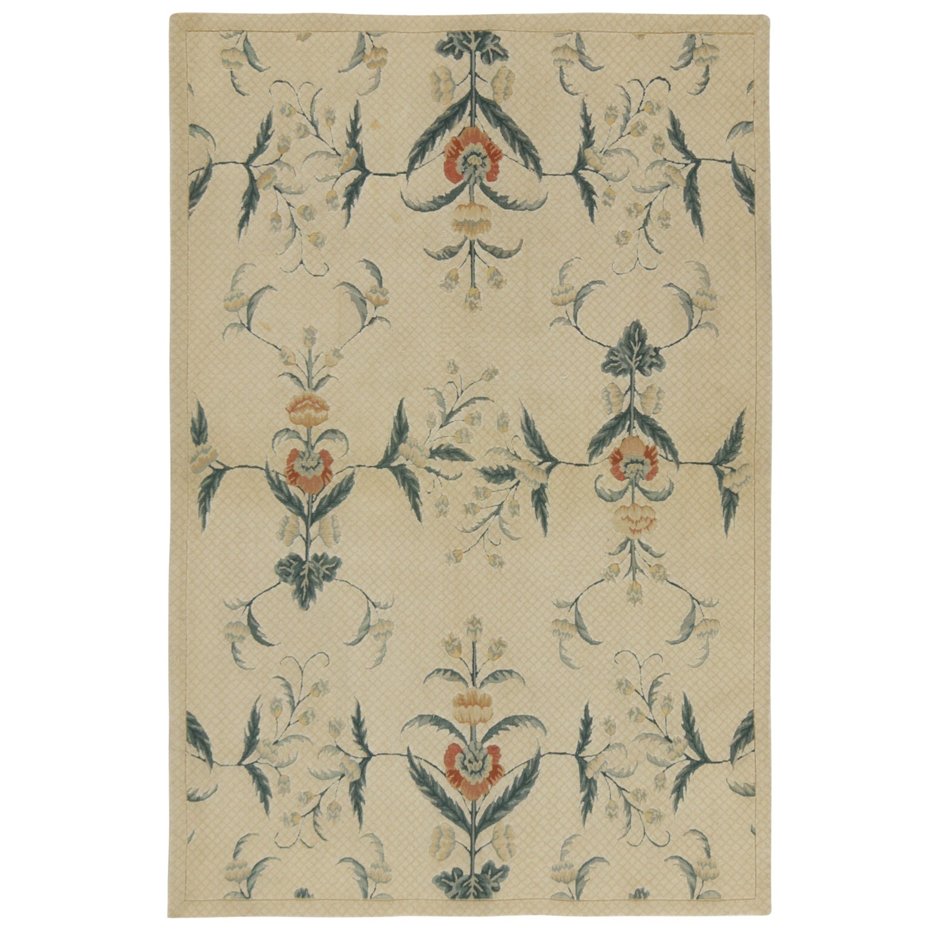 Rug & Kilim’s European Style Flat Weave in Creamy White with Green Floral For Sale