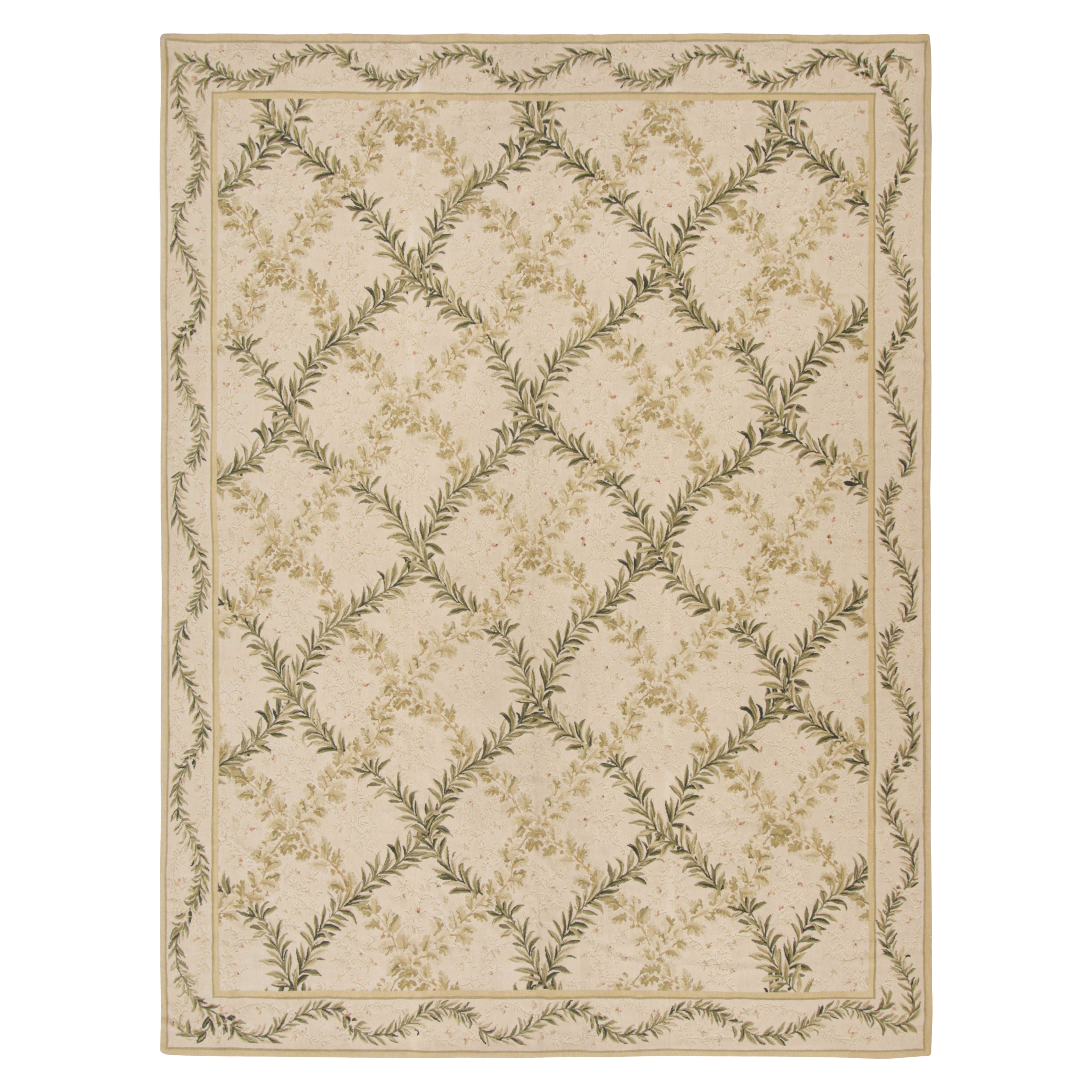 Rug & Kilim’s Tudor Style Flat Weave in Green and Cream Trellis Floral Patterns