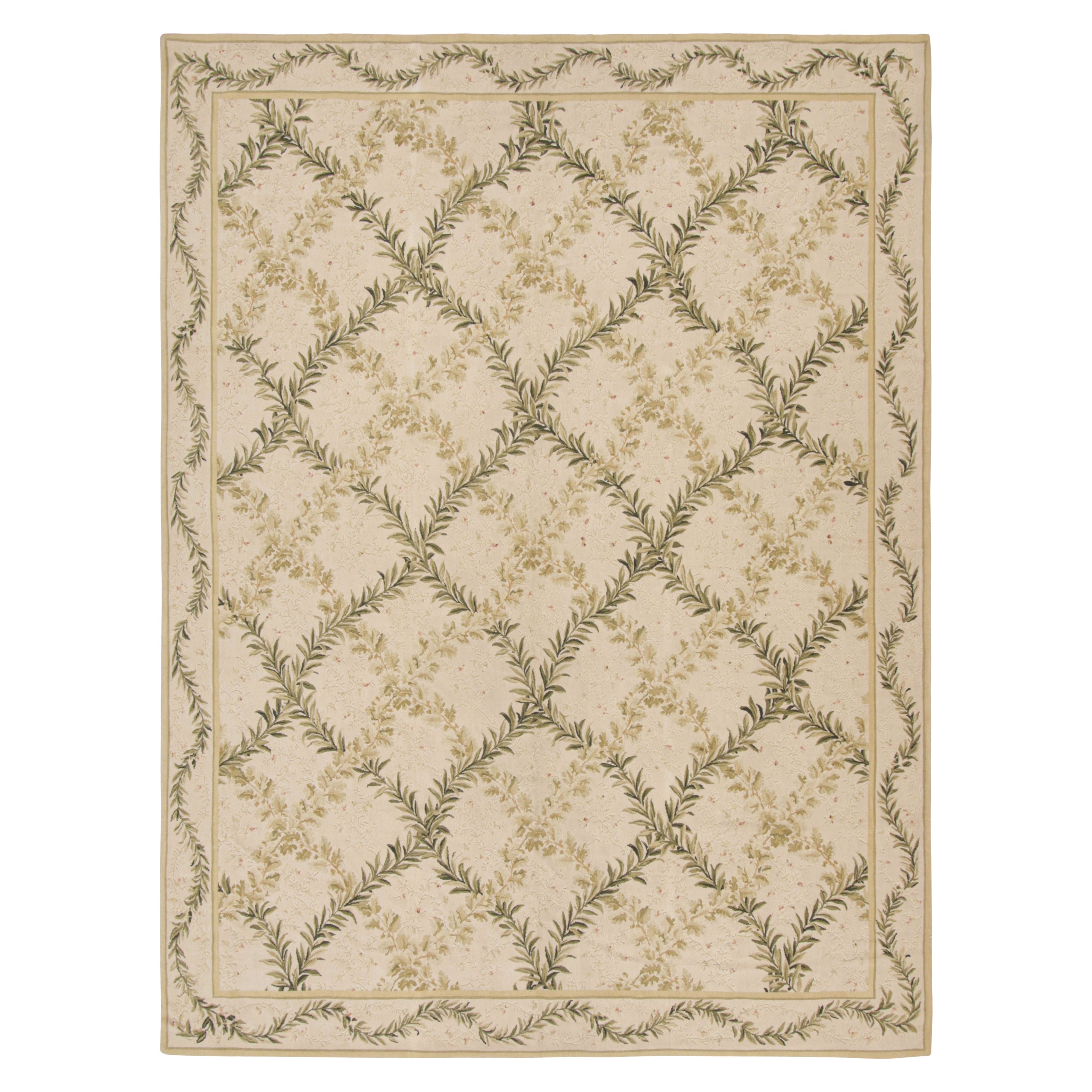 Rug & Kilim’s Tudor Style Flat Weave in Green and Cream Trellis Floral Patterns