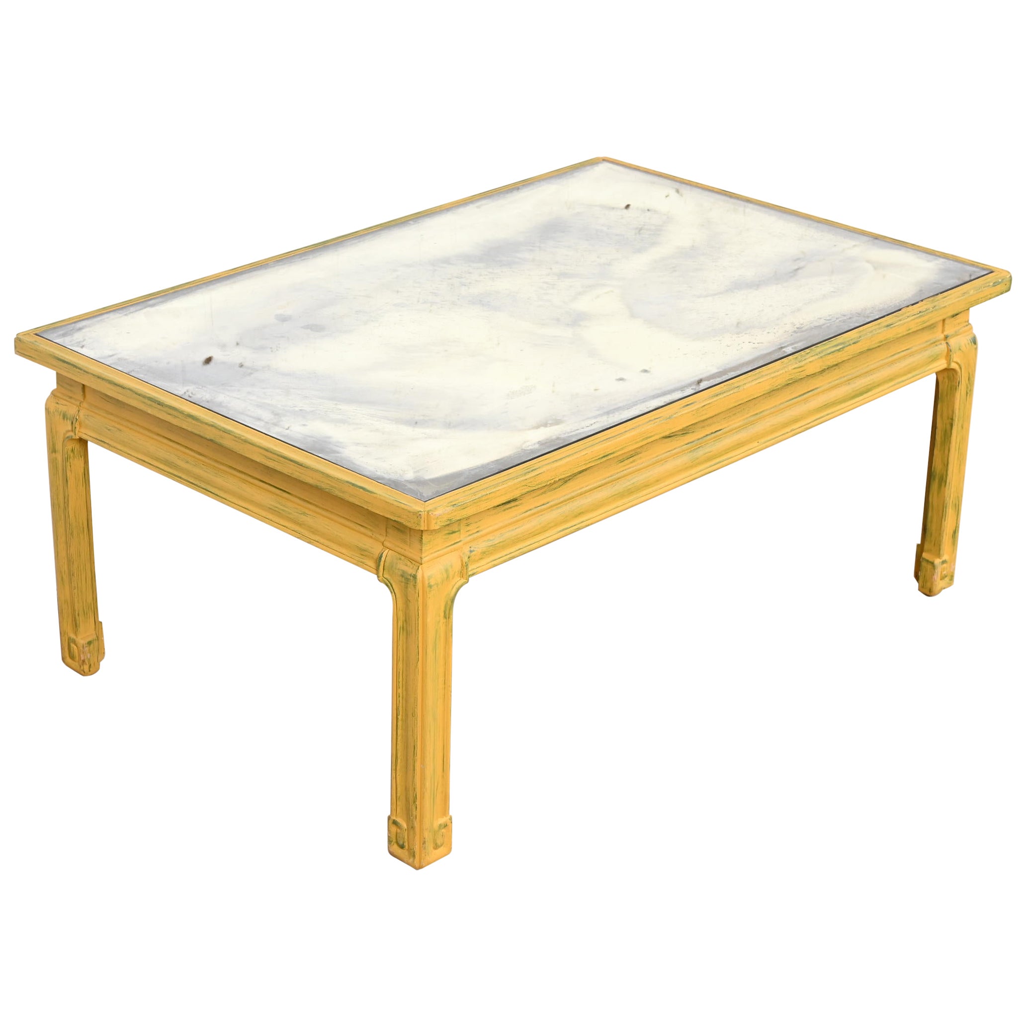 Baker Furniture Hollywood Regency Yellow Lacquered Mirror Top Coffee Table