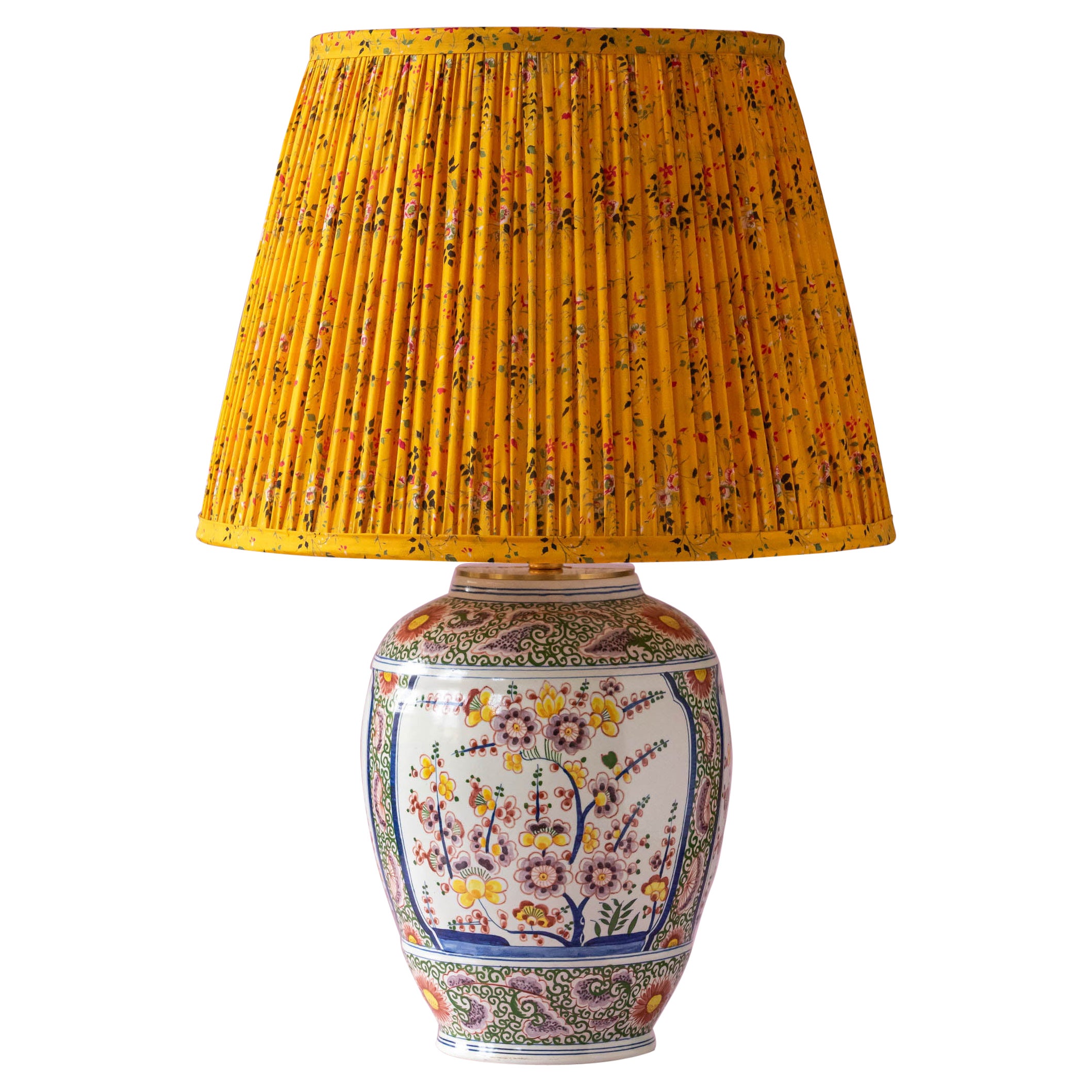 Antique Delft Boch Frères Keramis Vase Lamp, Silk Sari Lampshade, 1872-1900 For Sale