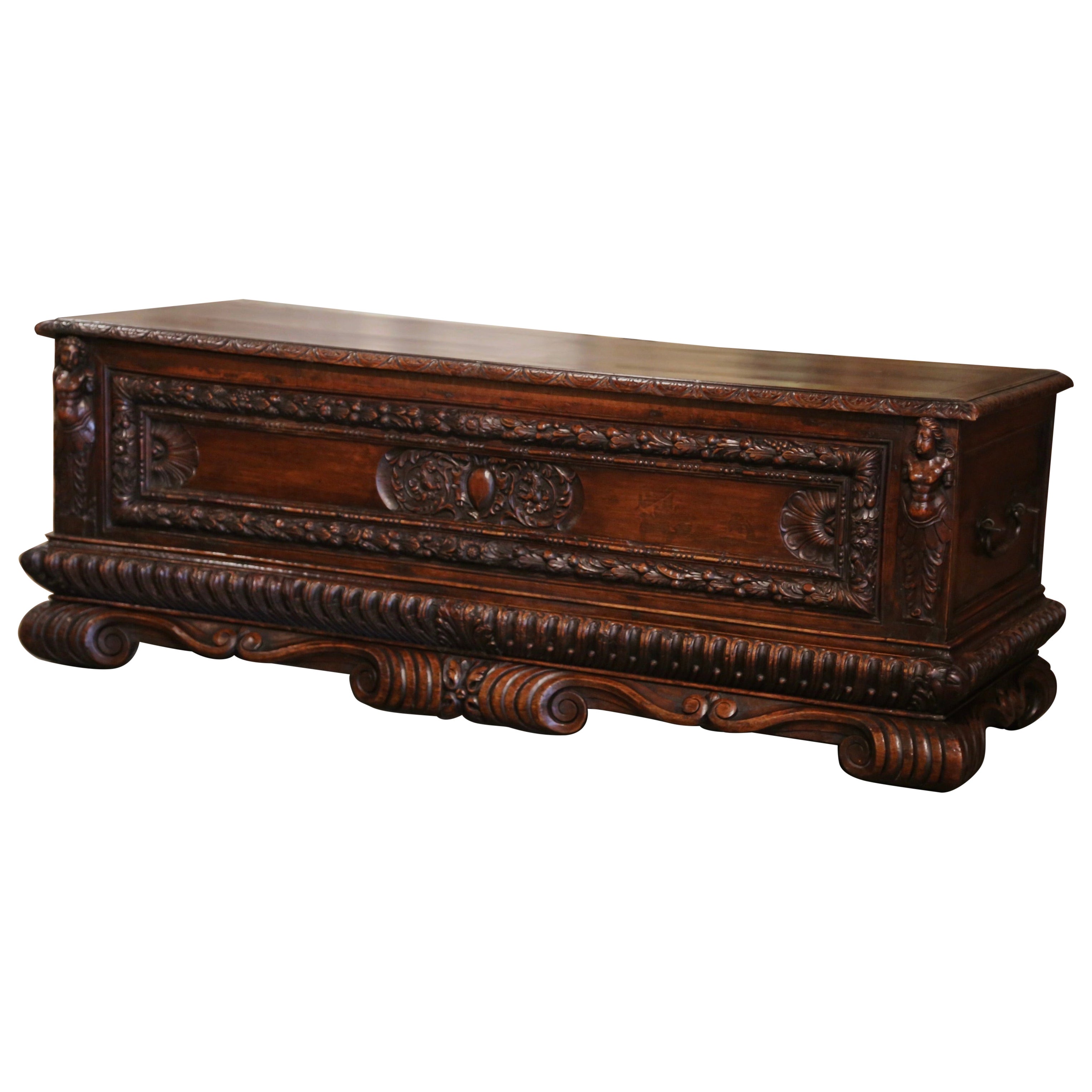 Early 19th Century Italian Carved Walnut "Cassone" Blanket Chest Trunk For Sale