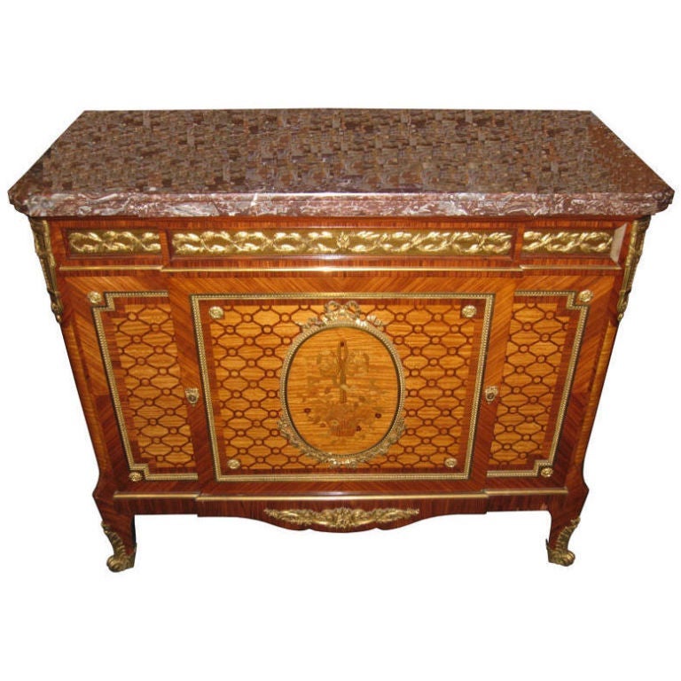 Antique French Louis XVI Style Marquetry Ormolu-Mounted Tall Marble-Top Commode