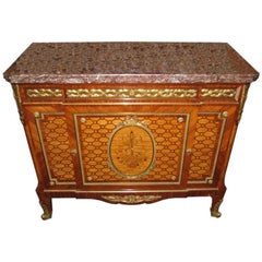 Antique French Louis XVI Style Marquetry Ormolu-Mounted Tall Marble-Top Commode