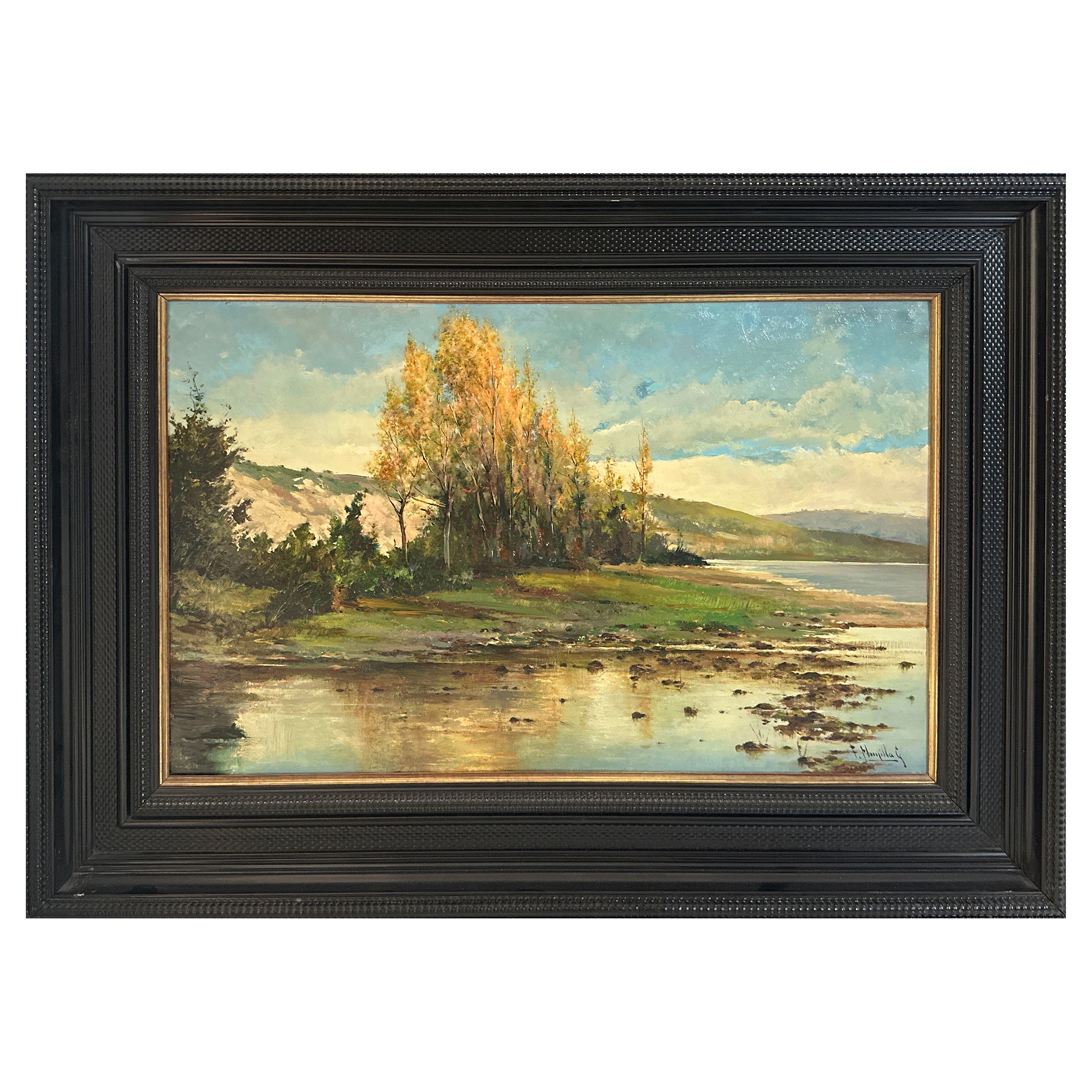 Oil Painting of a Beautiful Landscape with a Lake For Sale