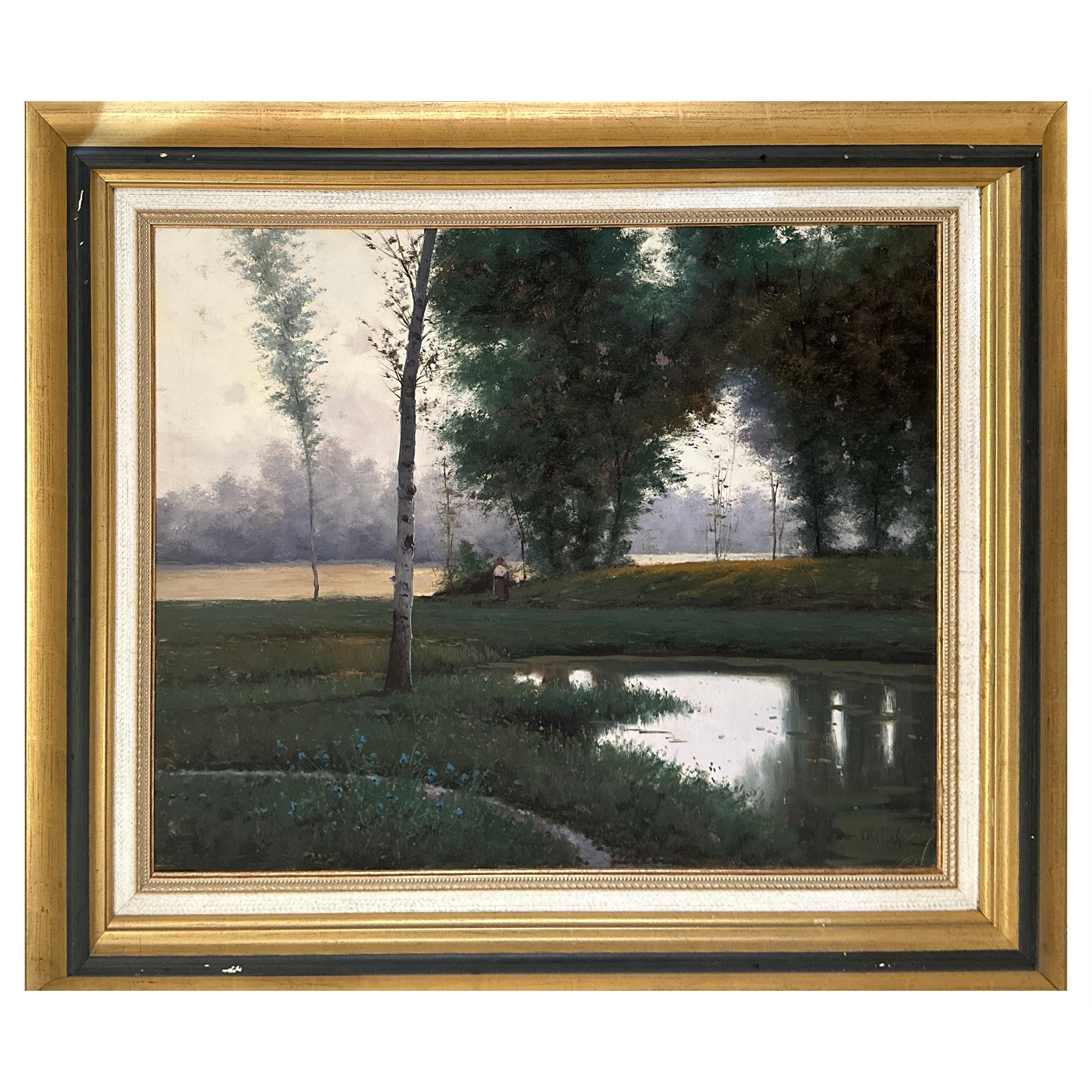 Oil Painting of a Beautiful Landscape with a Lake For Sale