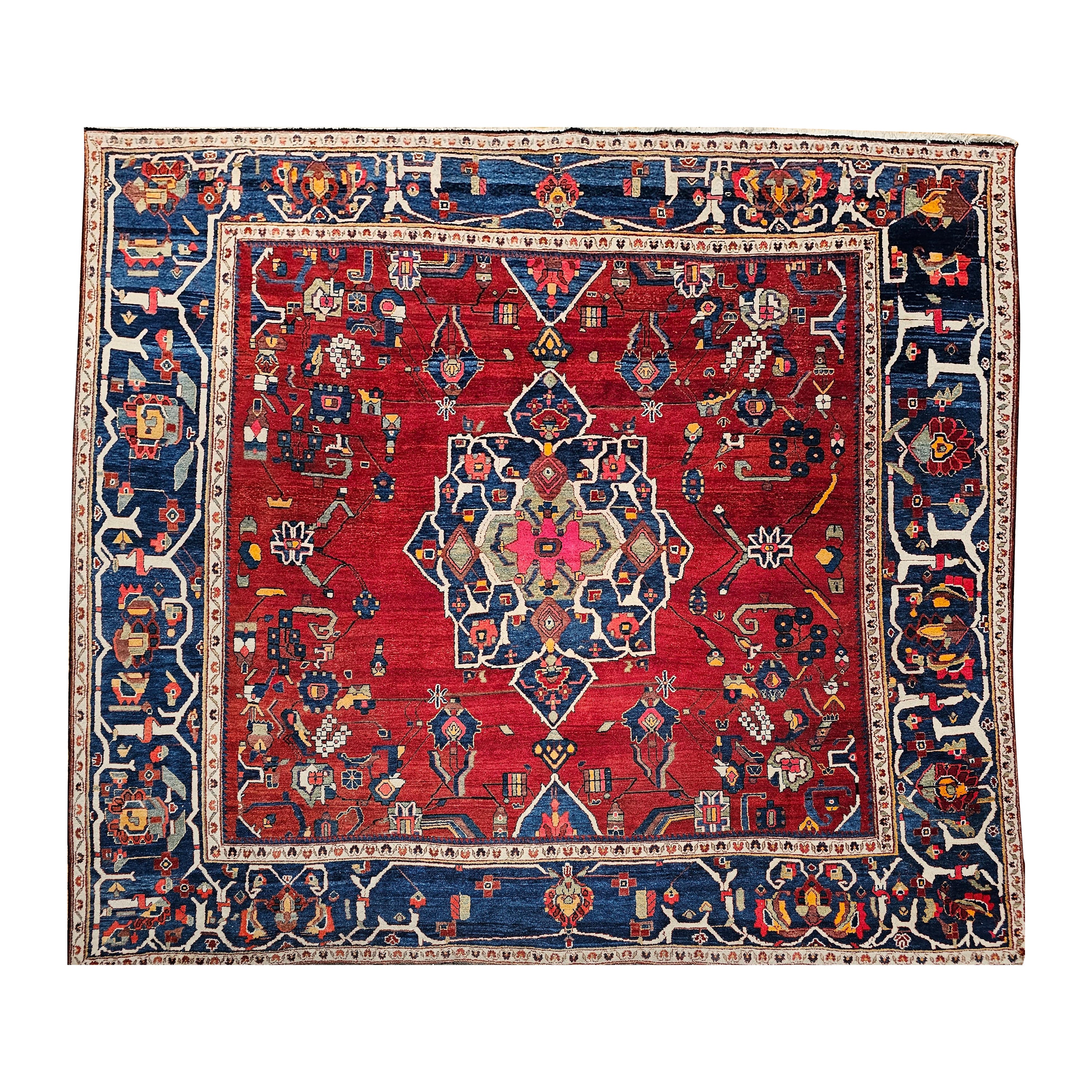 Vintage Room Size Square Persian Hamadan in Red, French Blue, Green, Pink, Navy For Sale