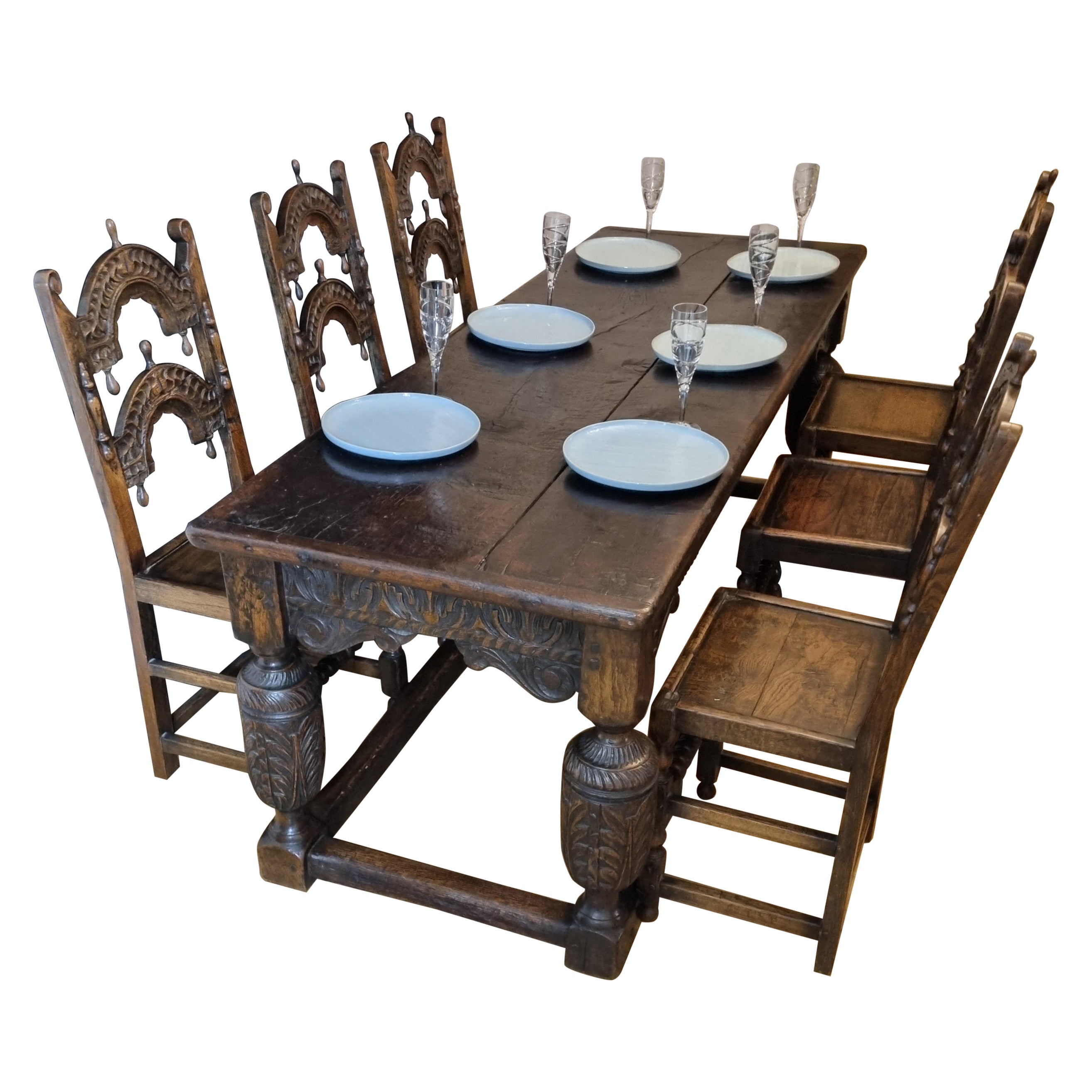 17th Century Oak Refectory Table and Six 17th Century Oak Dining Chairs