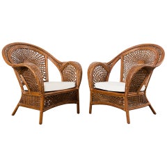 Vintage Pair of Bohemian Peacock Style Rattan Wicker Lounge Chairs
