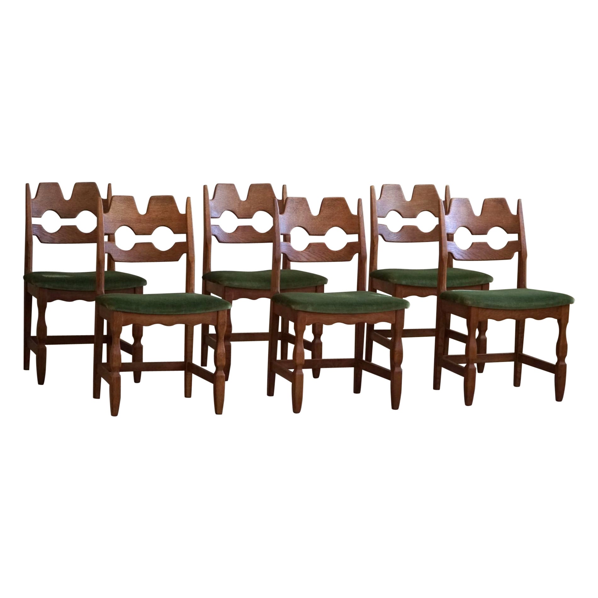 Set of 6 Henning Kjærnulf "Razorblade" Dining Chairs in Oak & Mohair, 1960s For Sale