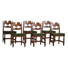 Vintage Set of 6 Henning Kjærnulf "Razorblade" Dining Chairs in Oak & Mohair, 1960s