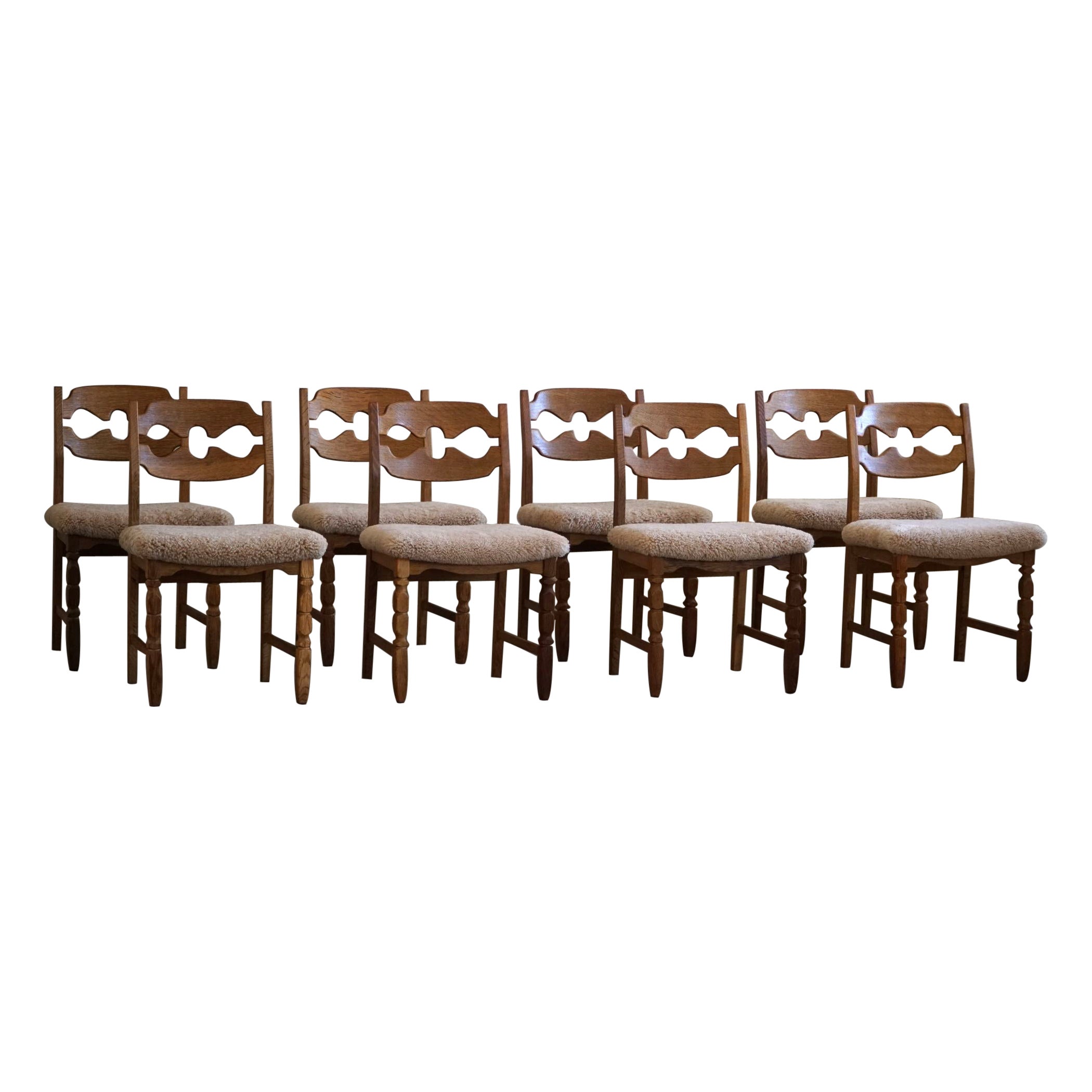 Set of 8 Henning Kjærnulf "Razorblade" Chairs in Oak & Lambswool, 1960s For Sale