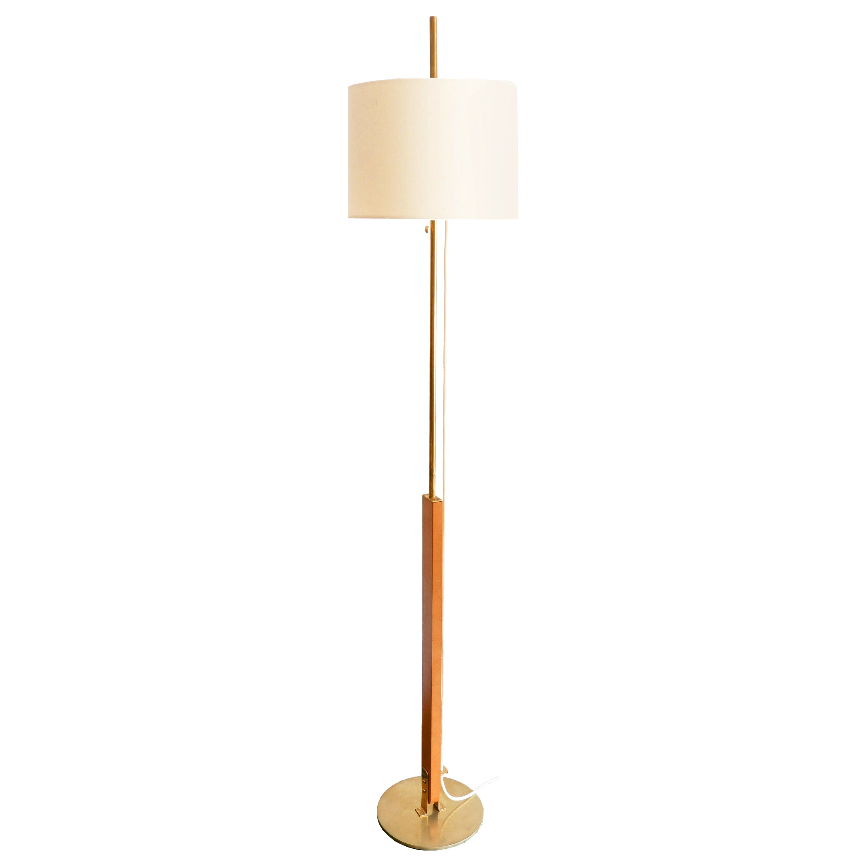 Contemporary, Handmade Floor Lamp, Wood, Brass, Fabric, Mediterranean Objects -A For Sale