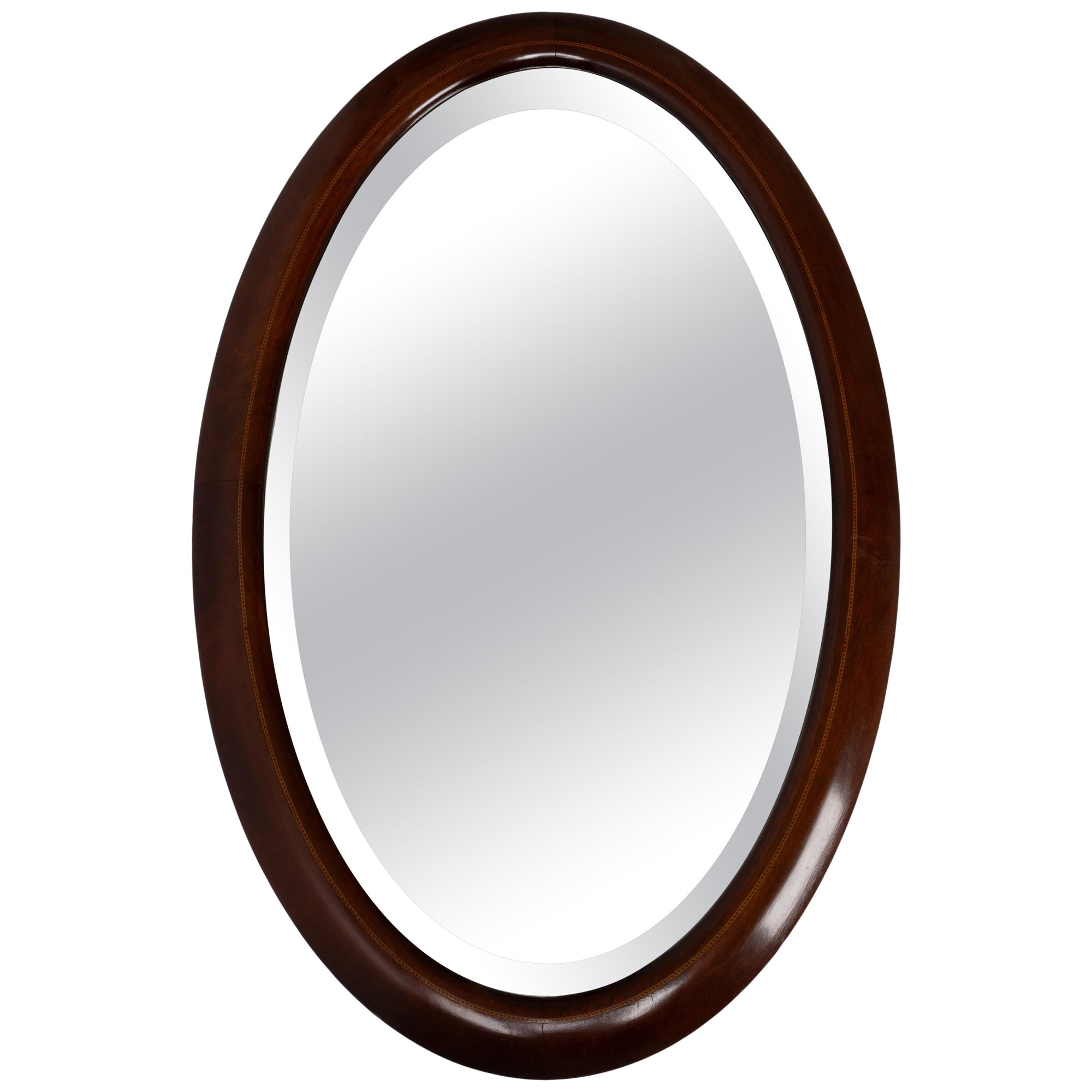 Antique English Sheraton Revival Cushioned Inlaid Mahogany Oval Mirror  For Sale
