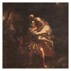 17th Century Oil on Canvas Painting Aeneas, Anchise and Ascanius fleeing Troy