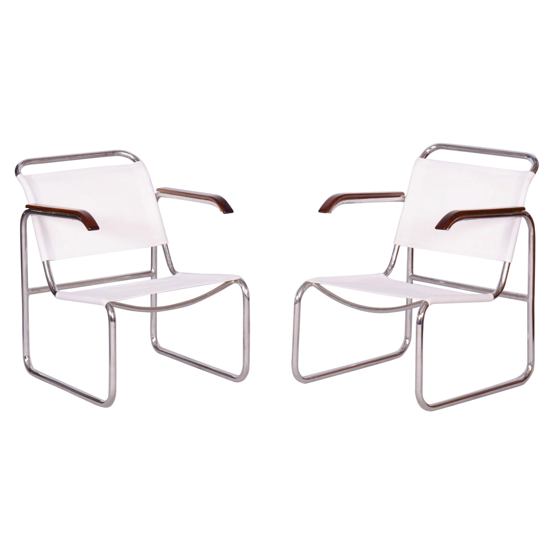 Set of Two Restored Bauhus Armchairs, Beech, Chrome, Canvas, Czech, 1930s For Sale