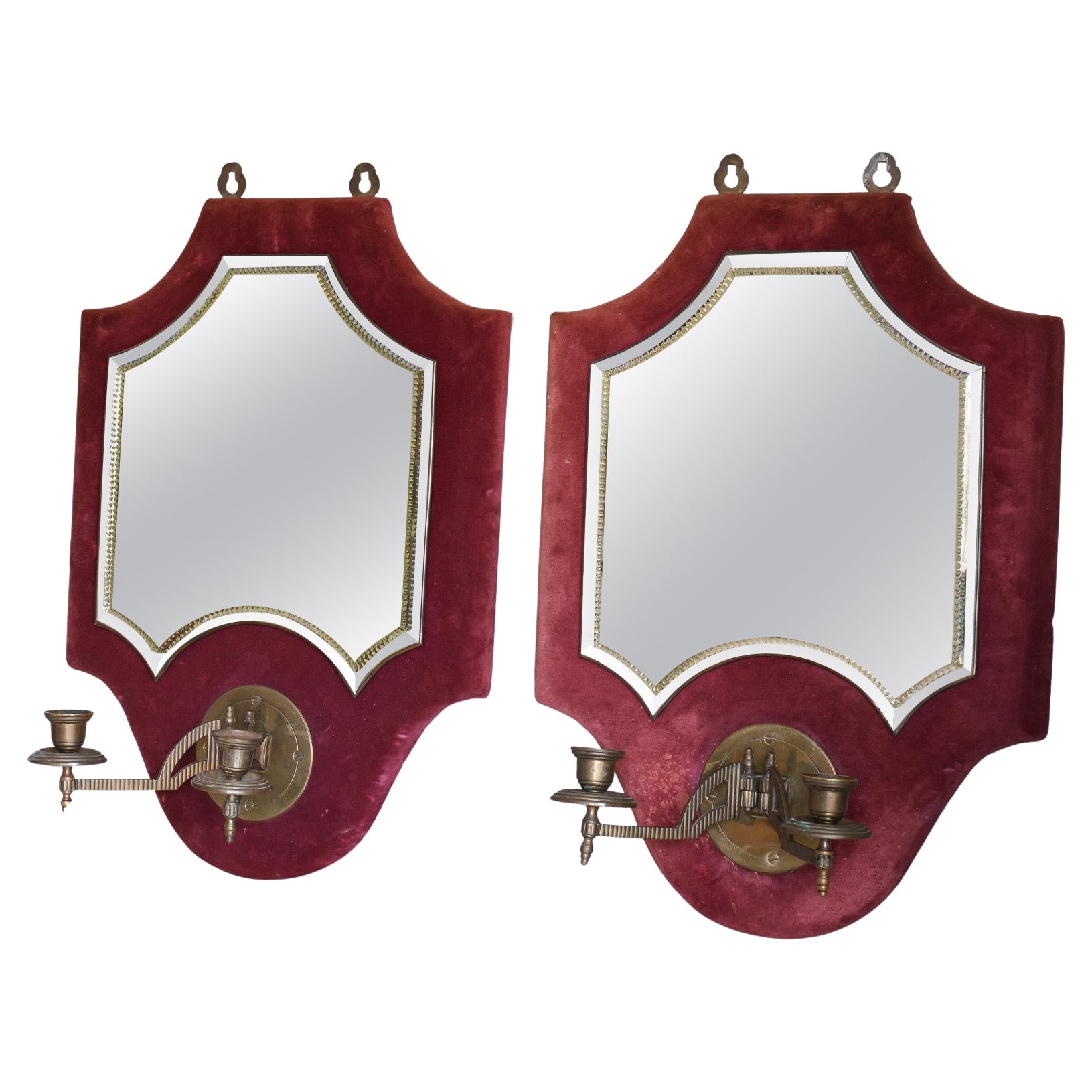 A Pair of Velvet Wall Mirror With Candle Sconces For Sale