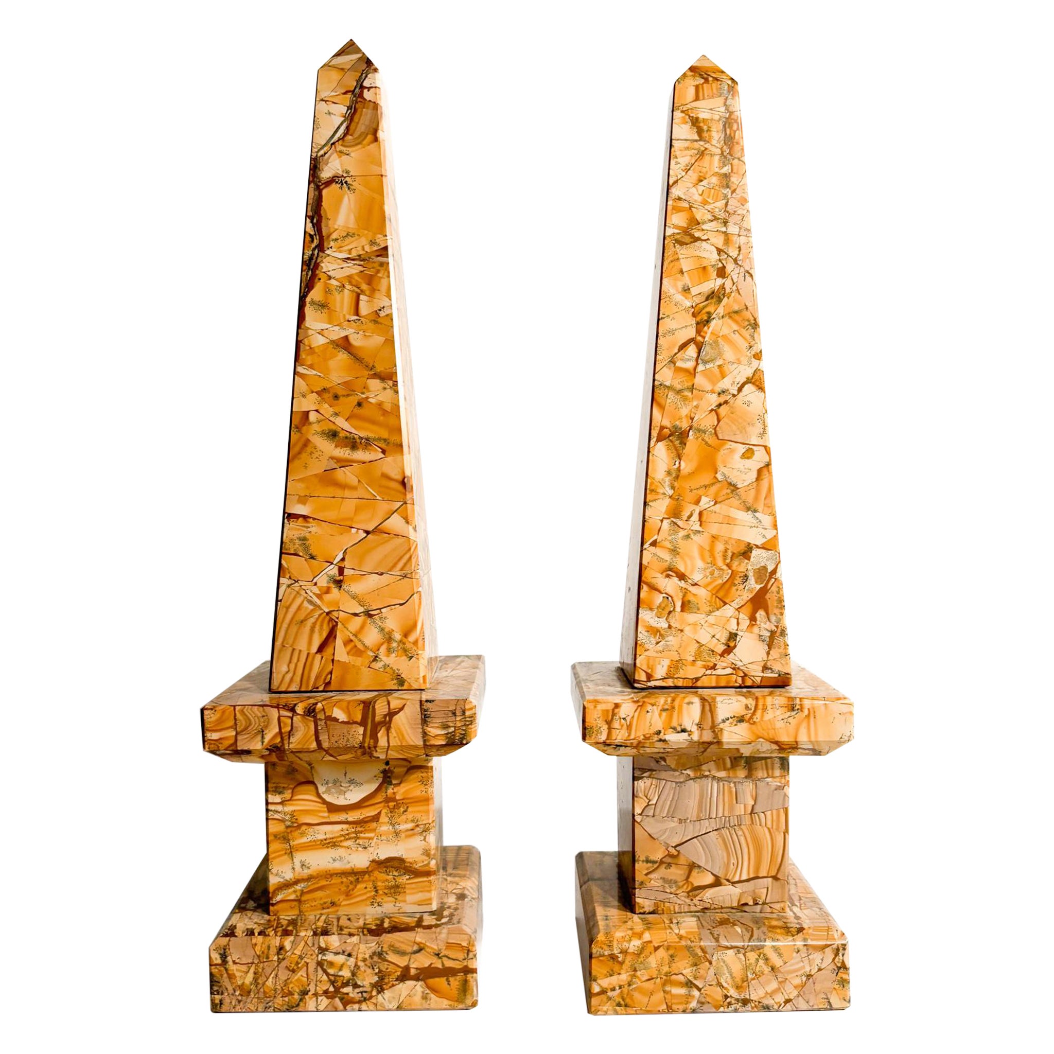 Pair of Italian Amber Marble Obelisks from the 1960s For Sale