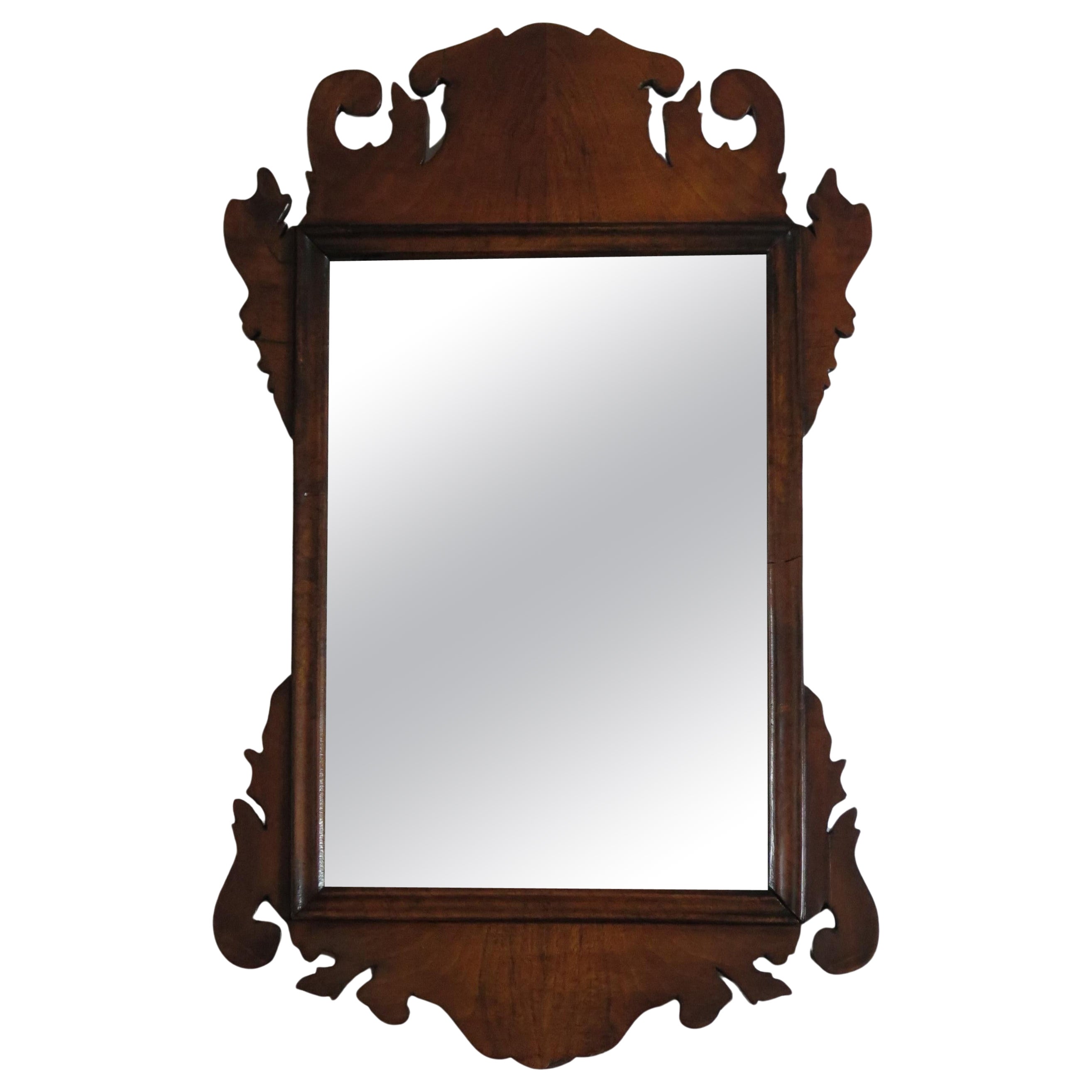 George II English Wall Mirror Walnut Fret Cut and Original Glass, Ca 1750