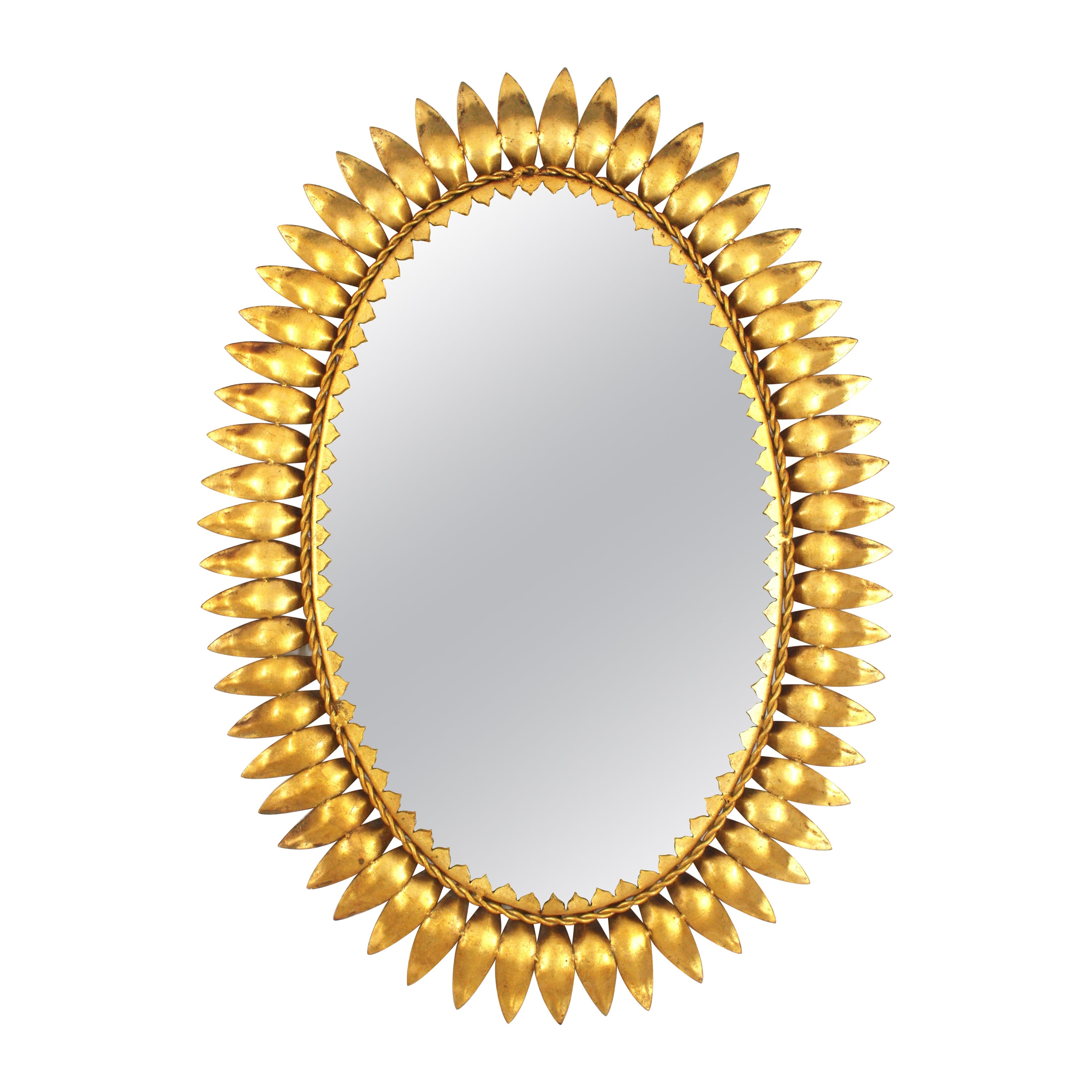 Sunburst Oval Mirror in Gilt Metal, Spain, 1950s For Sale