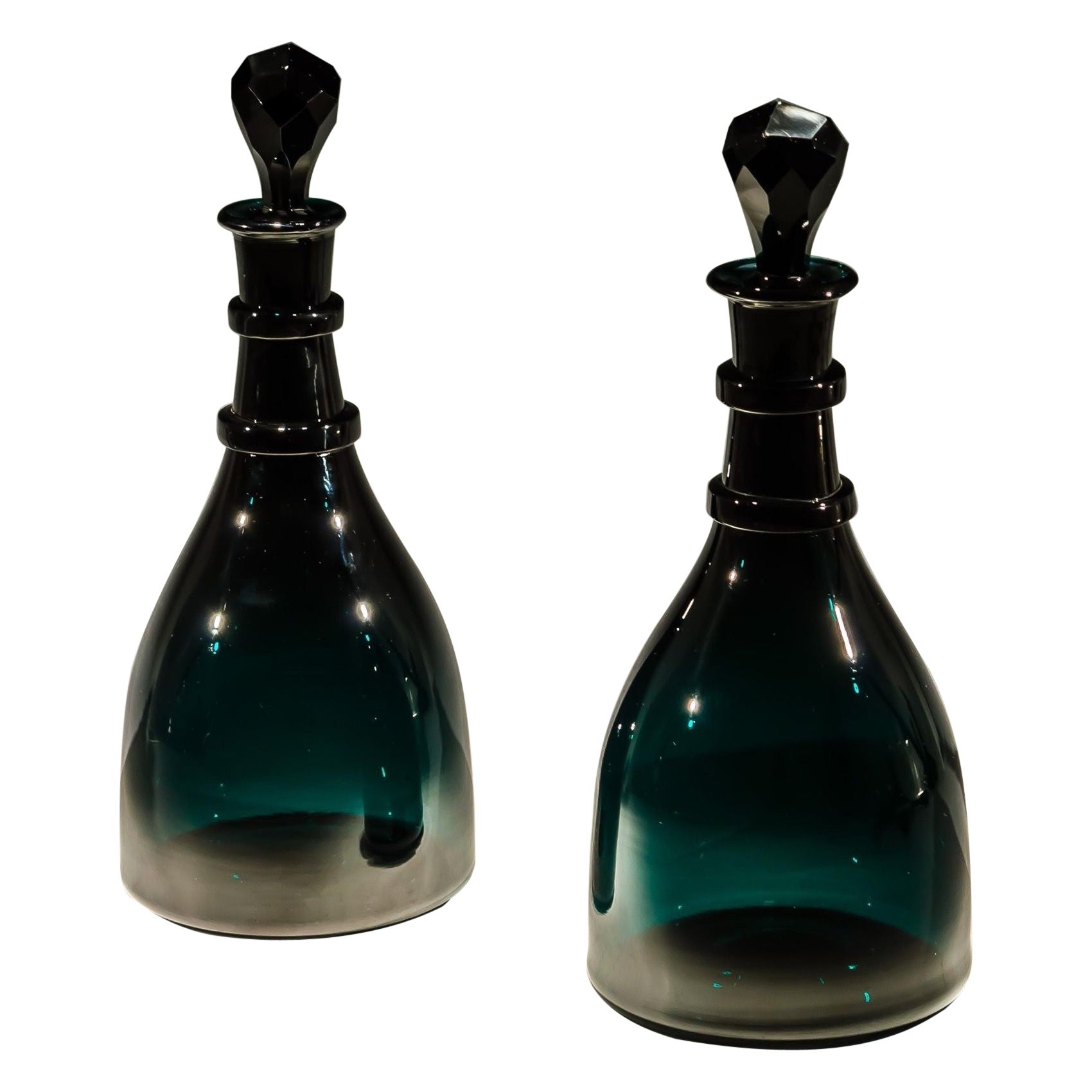 A Fine Pair Of Emerald Green Taper Decanters For Sale