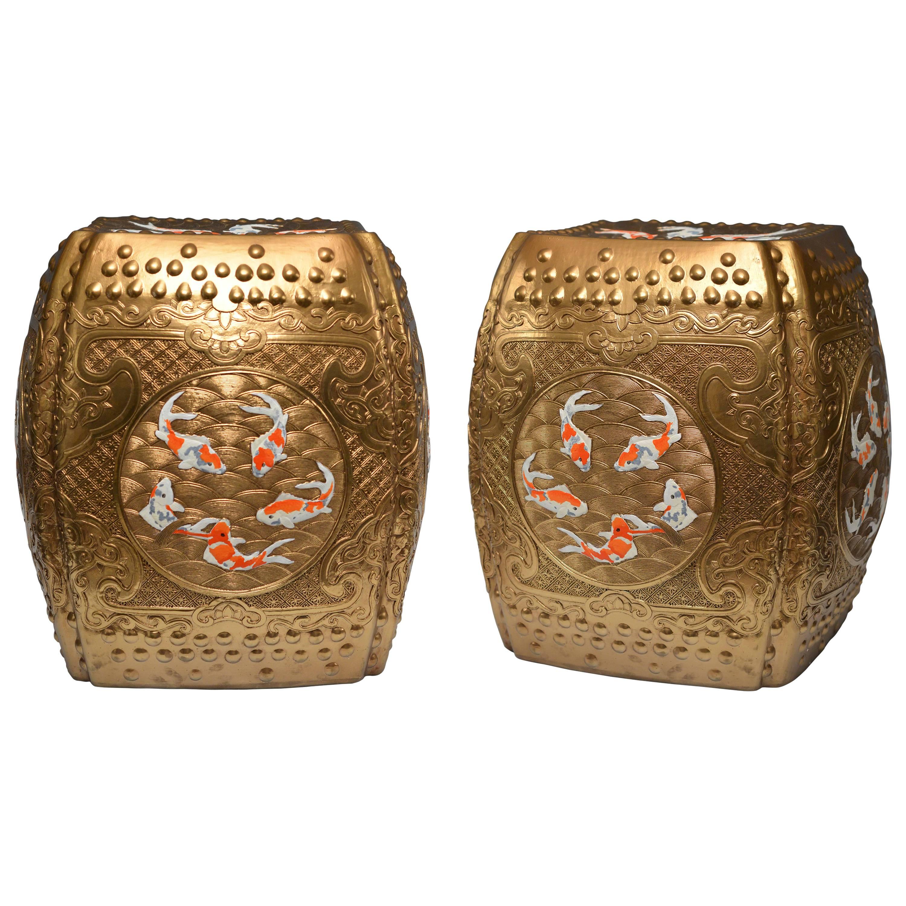 Pair of Fine Carved Golden Glazed Porcelain Stools