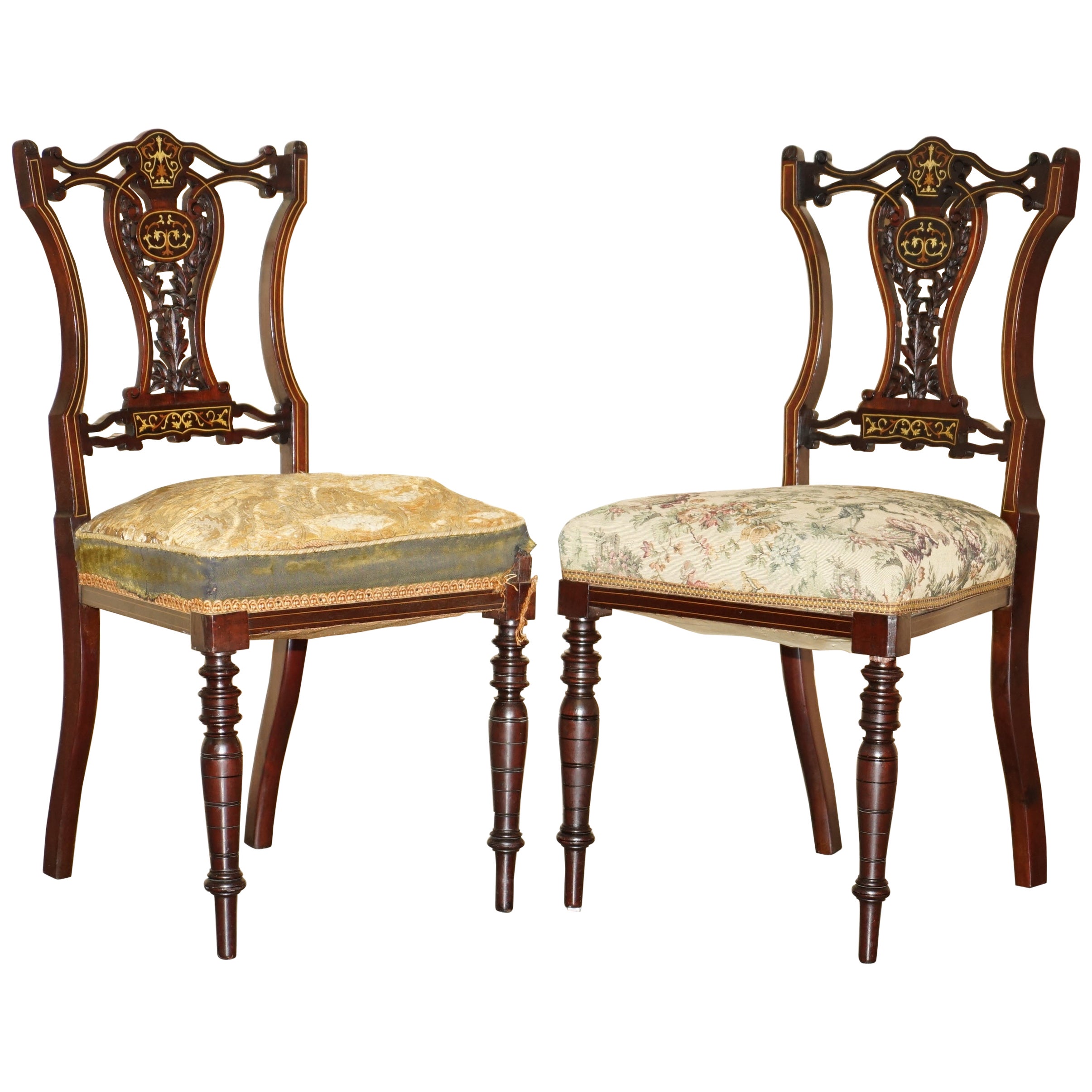 PAiR OF ANTIQUE VICTORIAN HARDWOOD SALON CHAIRS WITH STUNNING INLAID BACK PANELS For Sale