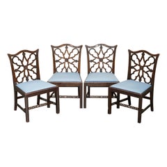 FOUR Used COLONIAL THOMAS CHIPPENDALE HARDWOOD FRET WORK CARVED DiNING CHAIRS