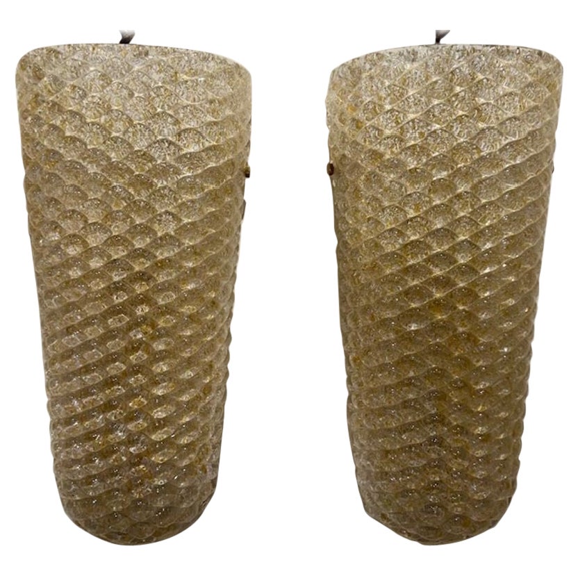 Pair of Modern Gold Ribbed Murano Glass Sconces For Sale