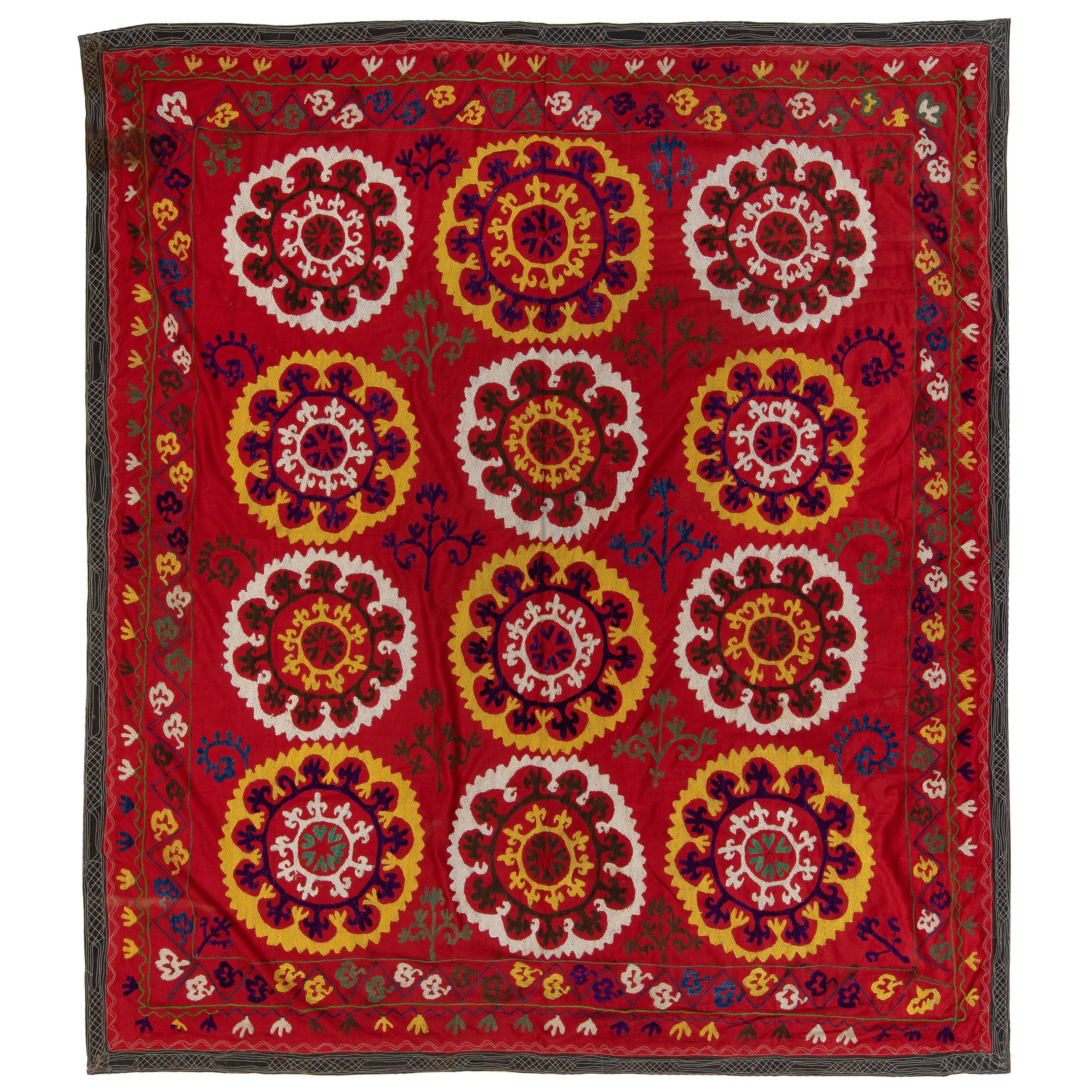 5.8x6.5 Ft Vintage Bedspread, Red Throw, Silk Wall Hanging, Embroidered Tapestry For Sale