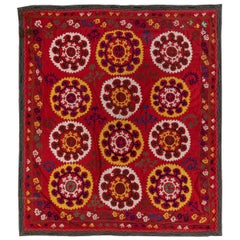 5.8x6.5 Ft Retro Bedspread, Red Throw, Silk Wall Hanging, Embroidered Tapestry