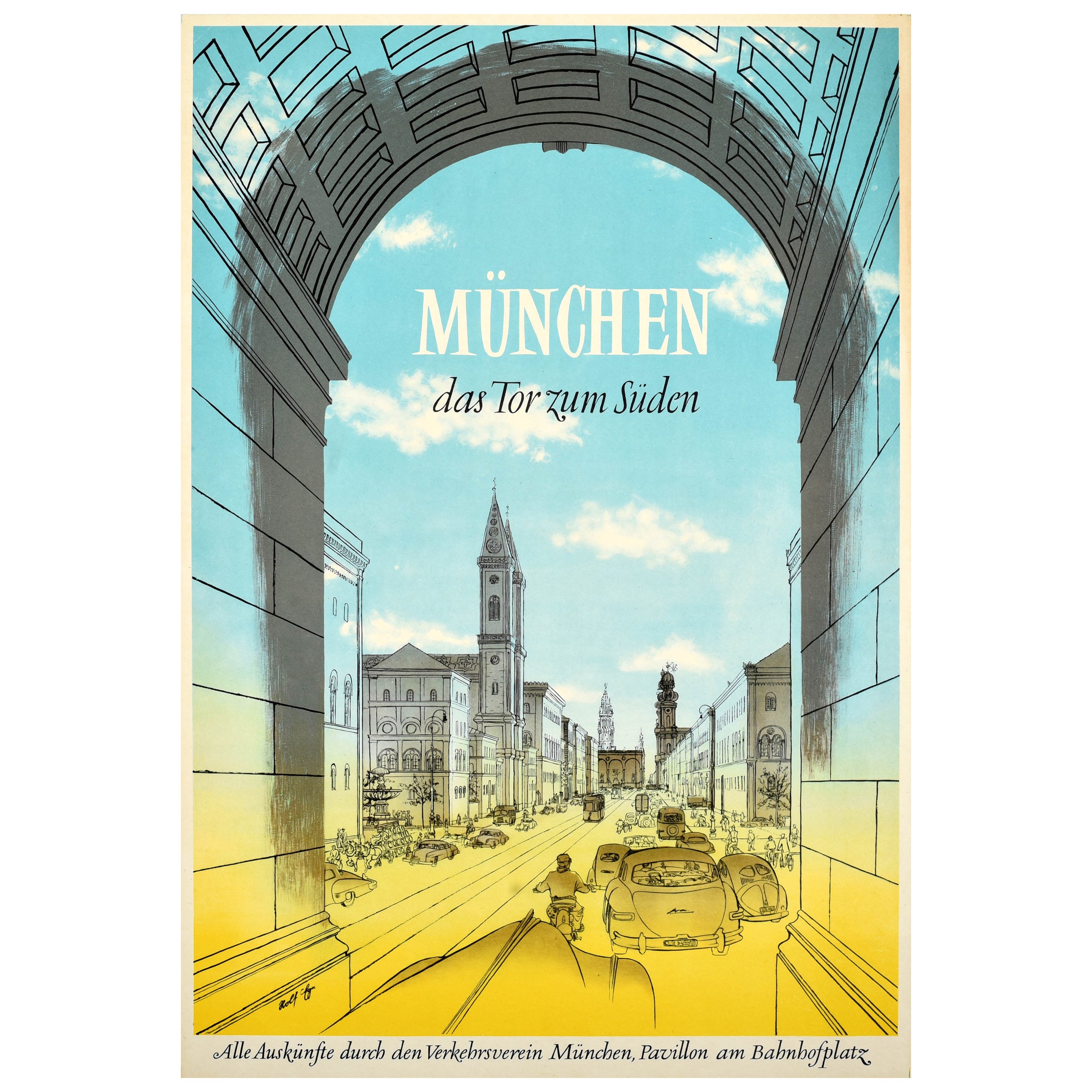 Affiche rétro originale de voyage Munich Gateway, Allemagne du Sud, Gate de la victoire, Munich