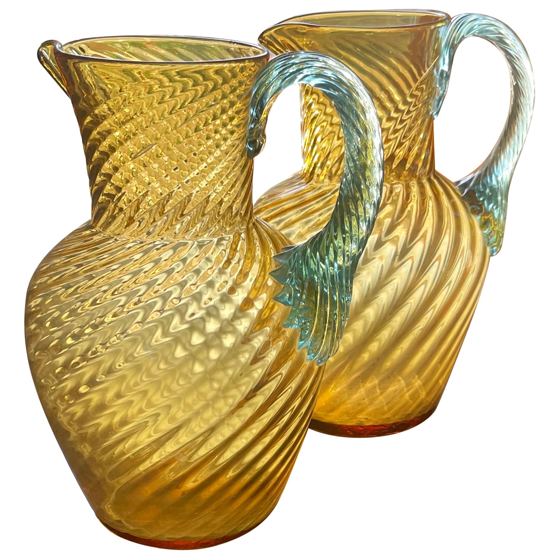 Pair Murano Aquamarine and Gold Pitchers For Sale